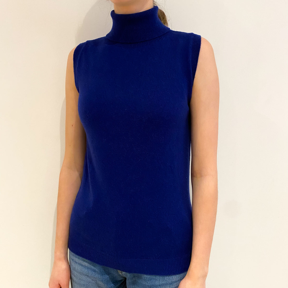 New Scottish Indigo Blue Cashmere Sleeveless Polo Neck Jumper Extra Small