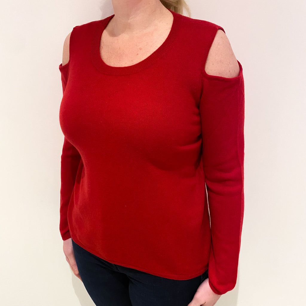 Red Cold Shoulder Cashmere Crew Neck Jumper Large