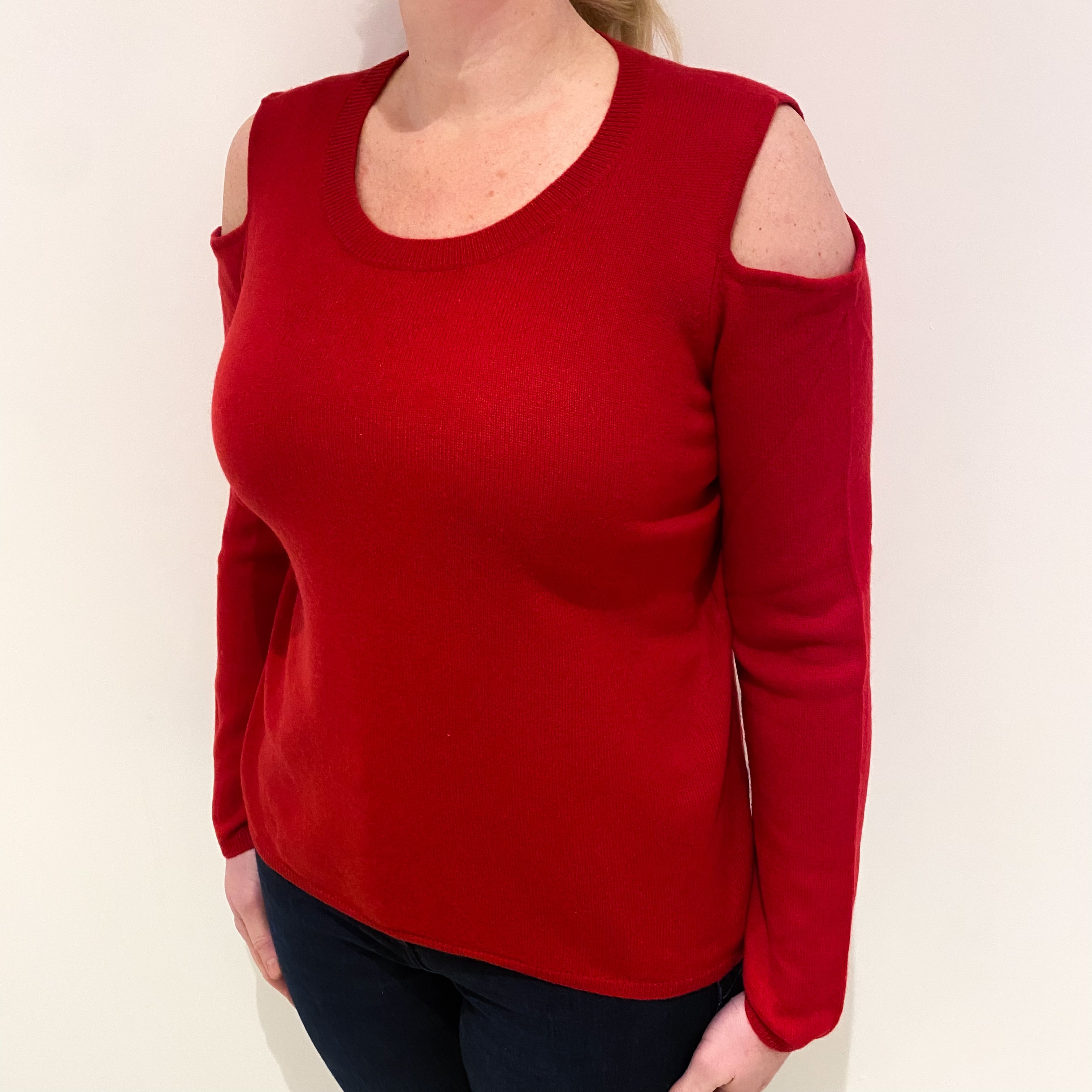 Red Cold Shoulder Cashmere Crew Neck Jumper Large