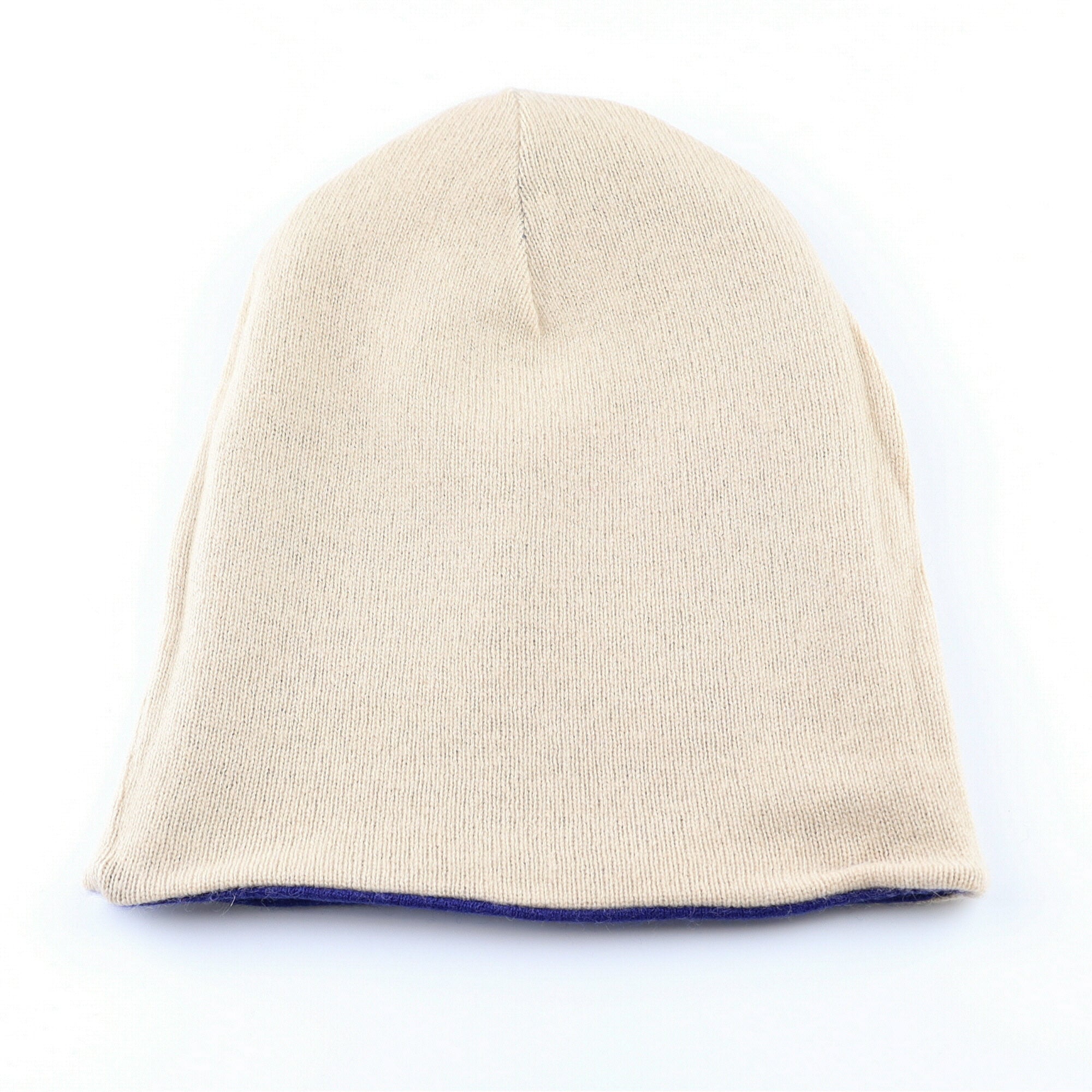 Azure Blue and Biscuit Beige Reversible Cashmere Beanie Hat