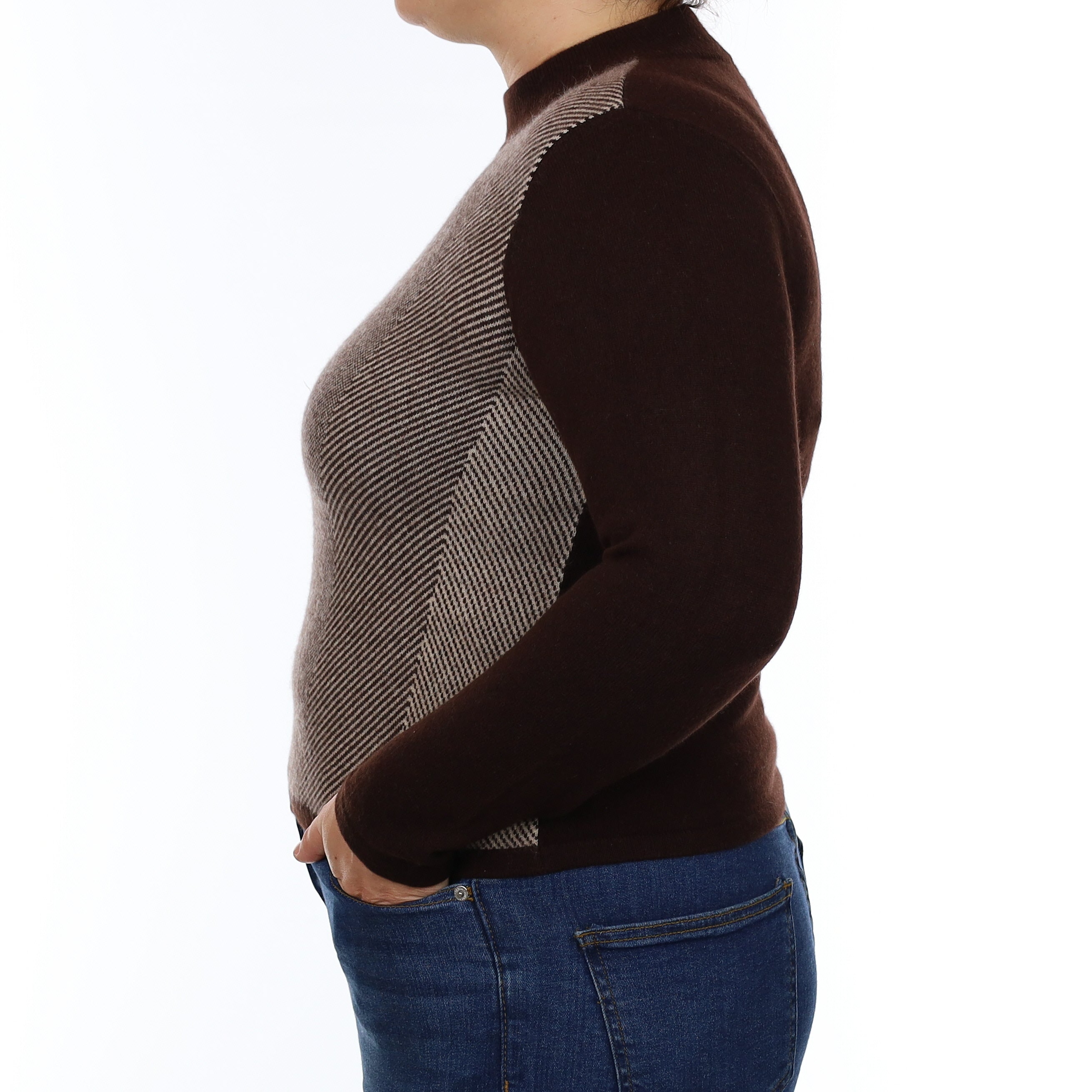 Chocolate Brown Patterned Cashmere Turtle Neck Jumper Large