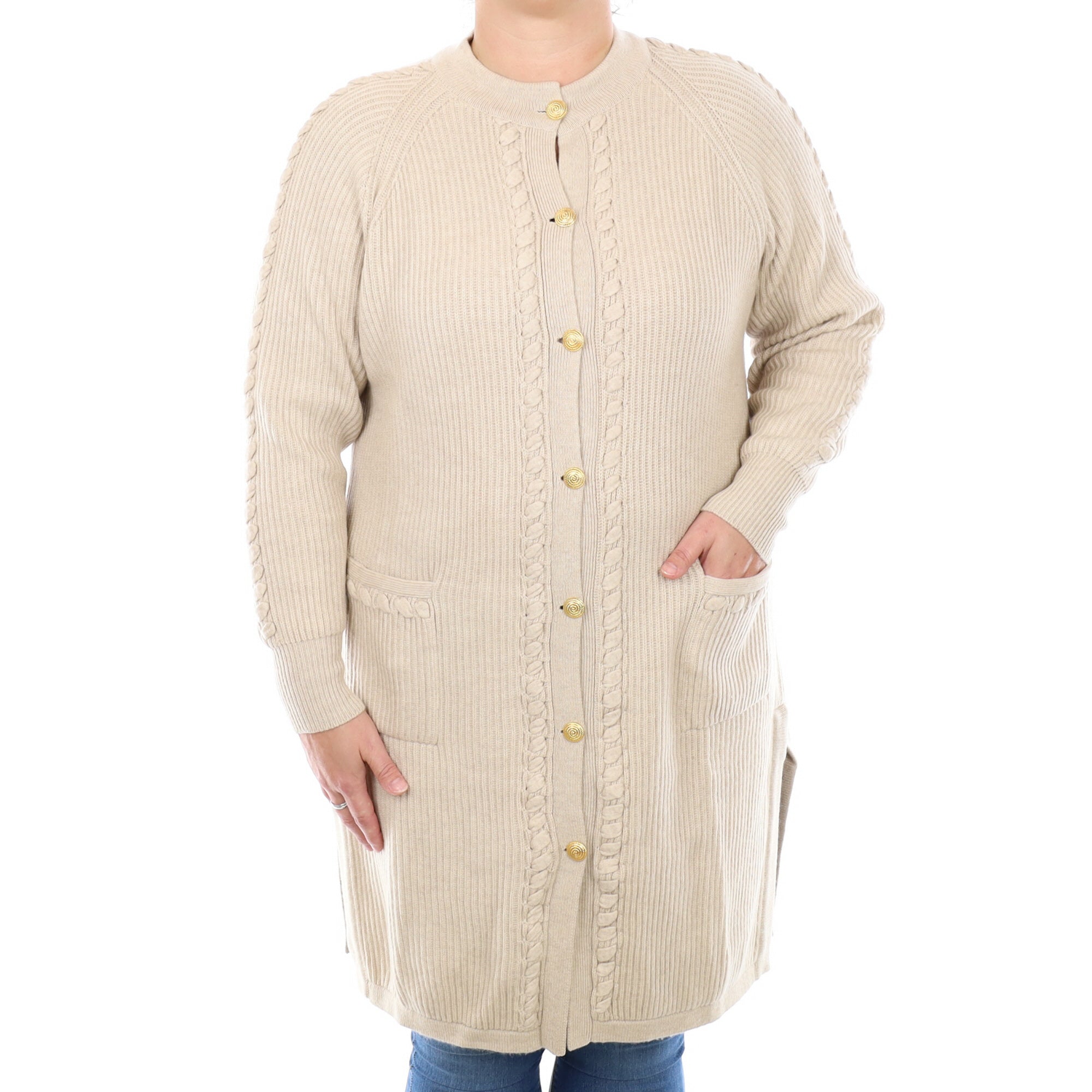 Honey Beige Chunky Cashmere Longline Cardigan with Pockets Large