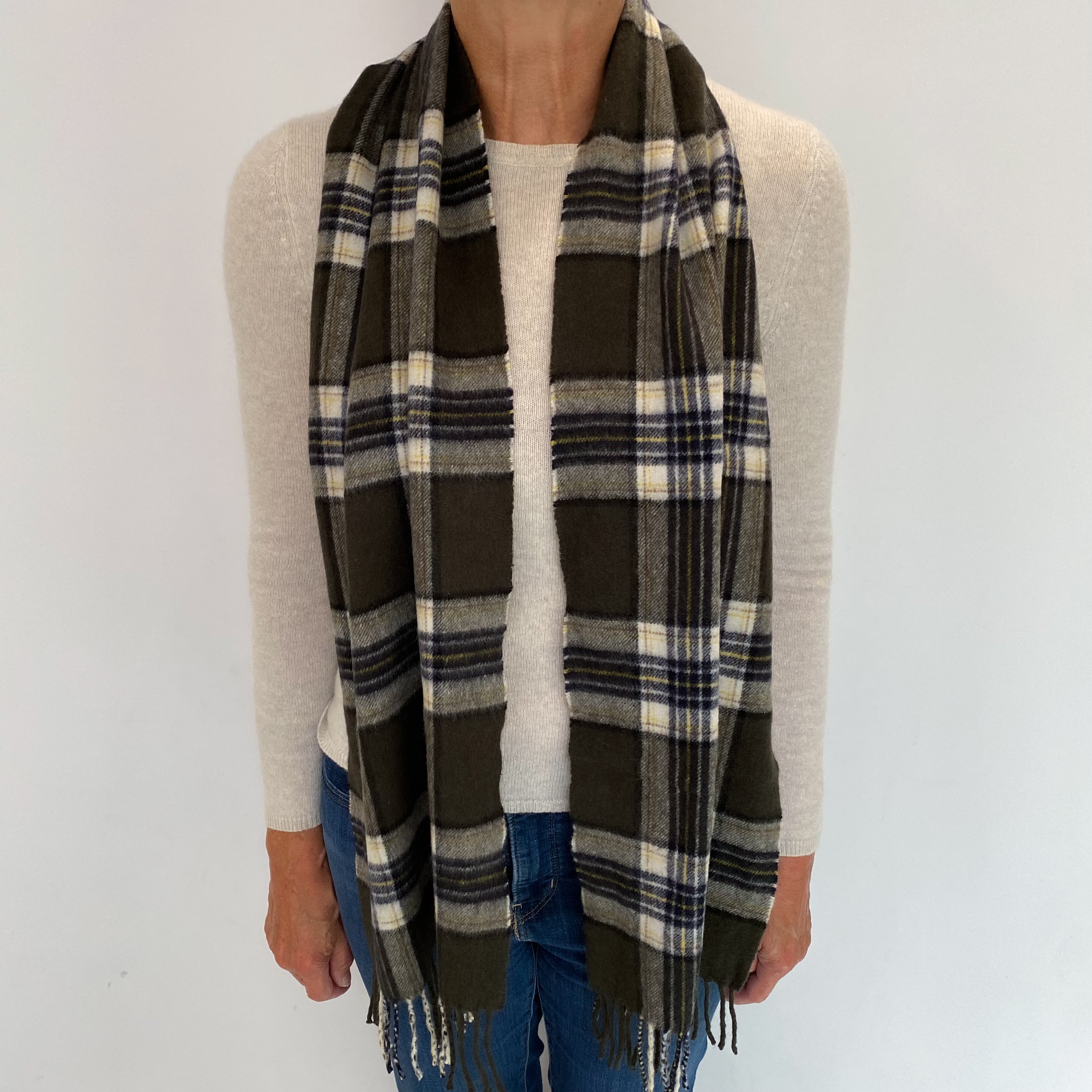 Khaki Navy and Yellow Checked Cashmere Woven Fringed Scarf