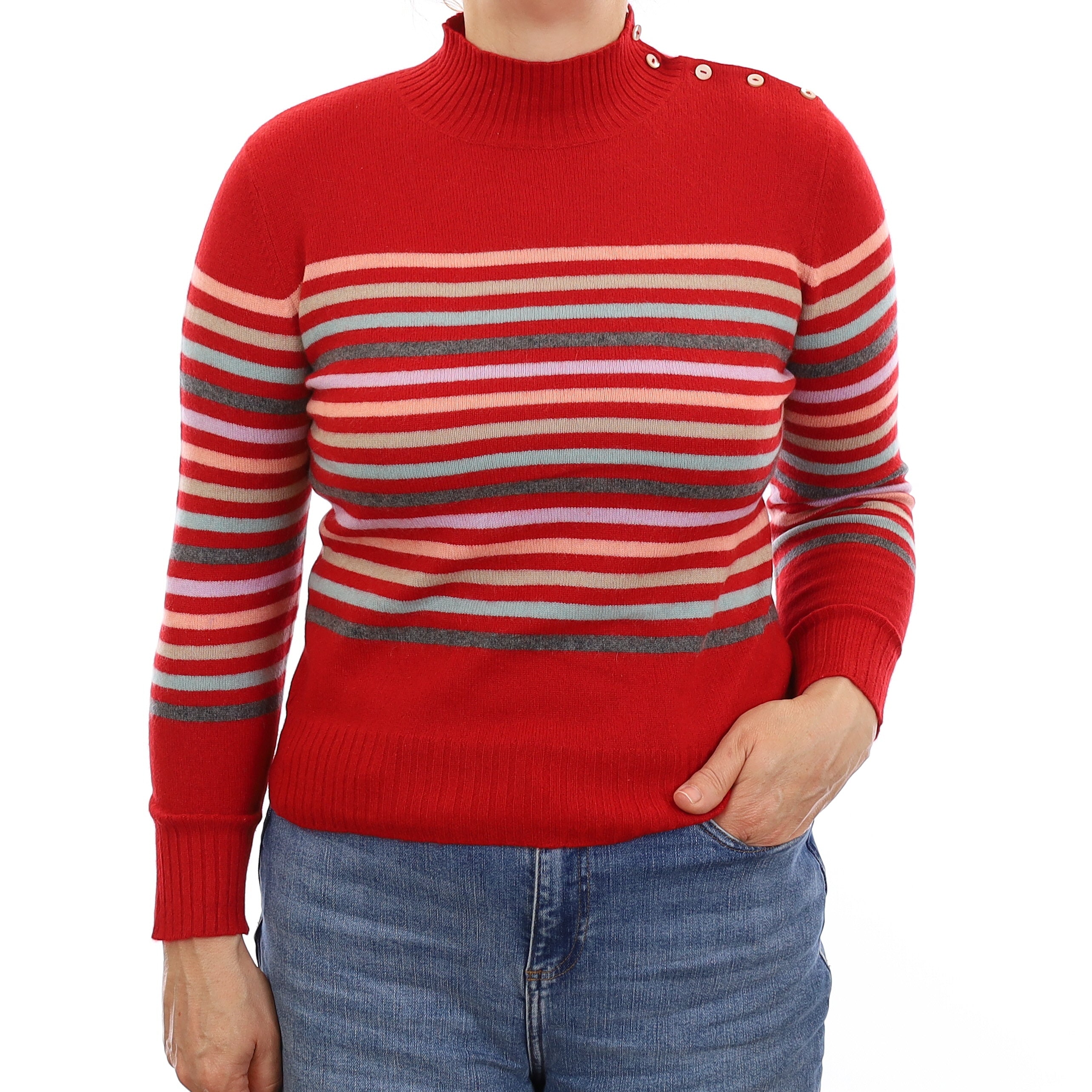 Scarlet Red Striped Cashmere Turtle Neck Jumper Medium