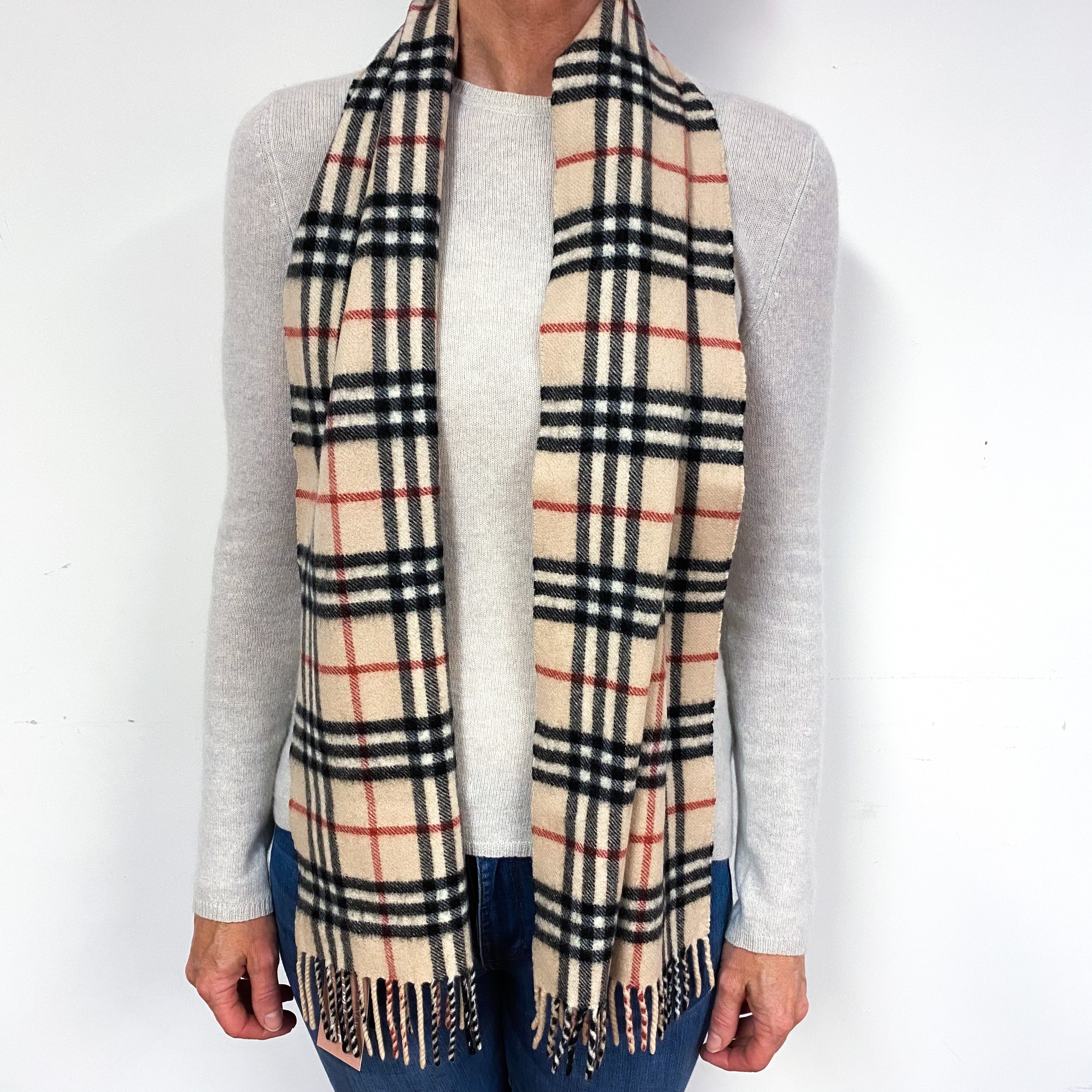 Beige Black and Red Fringed Cashmere Woven Scarf