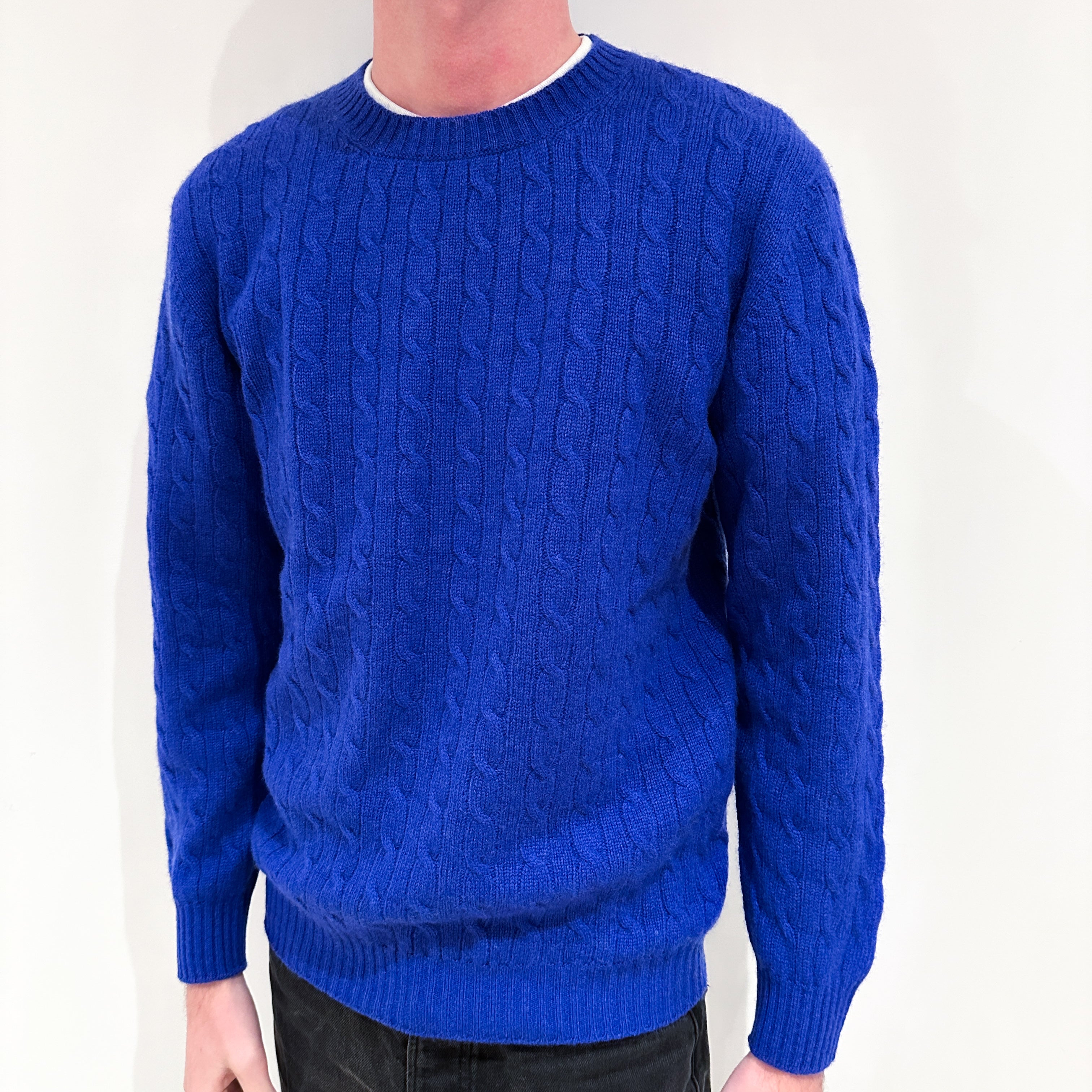 Men's Brand New Scottish Bright Royal Blue Cable Cashmere Crew Neck Jumper Small