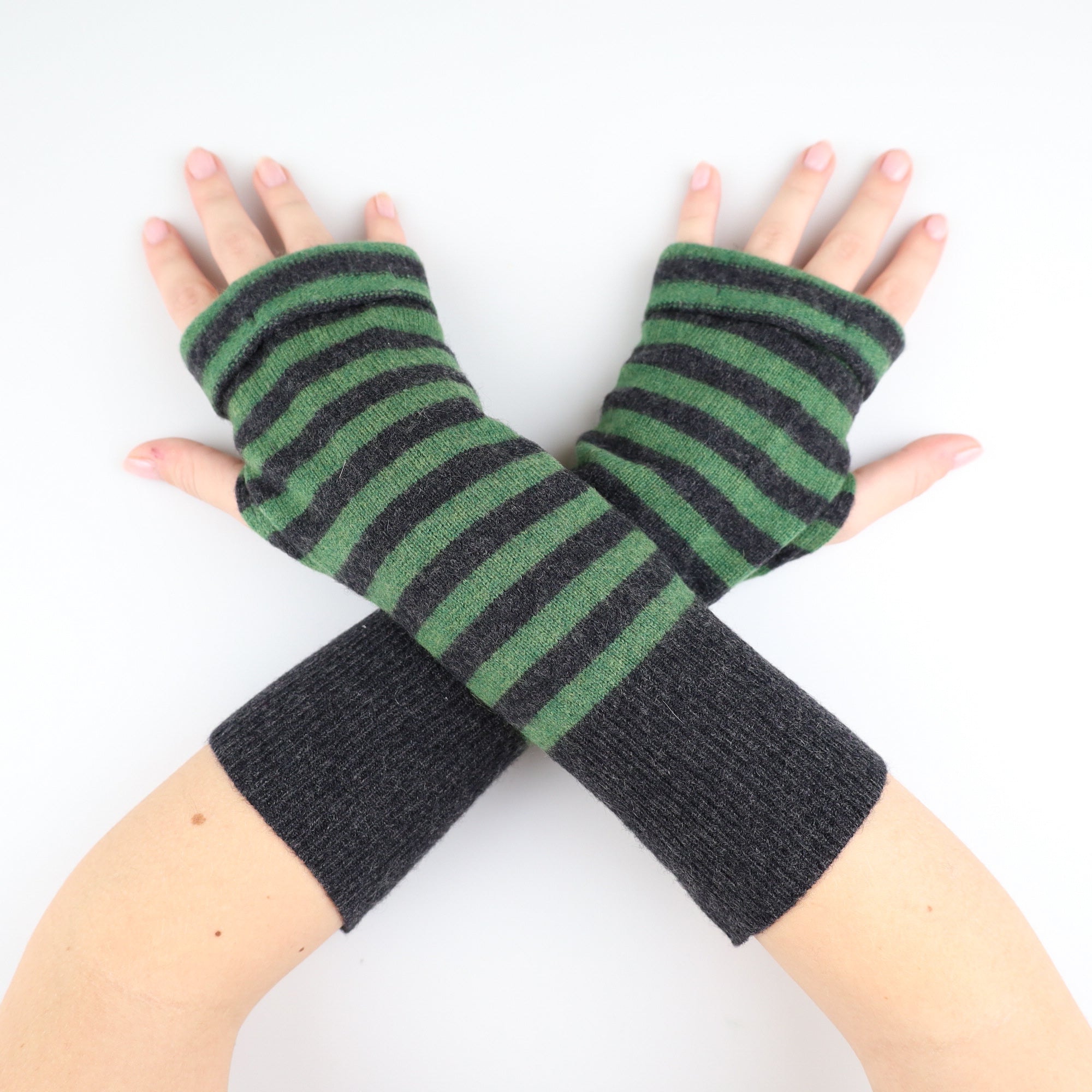 Charcoal Grey and Green Striped Fingerless Gloves