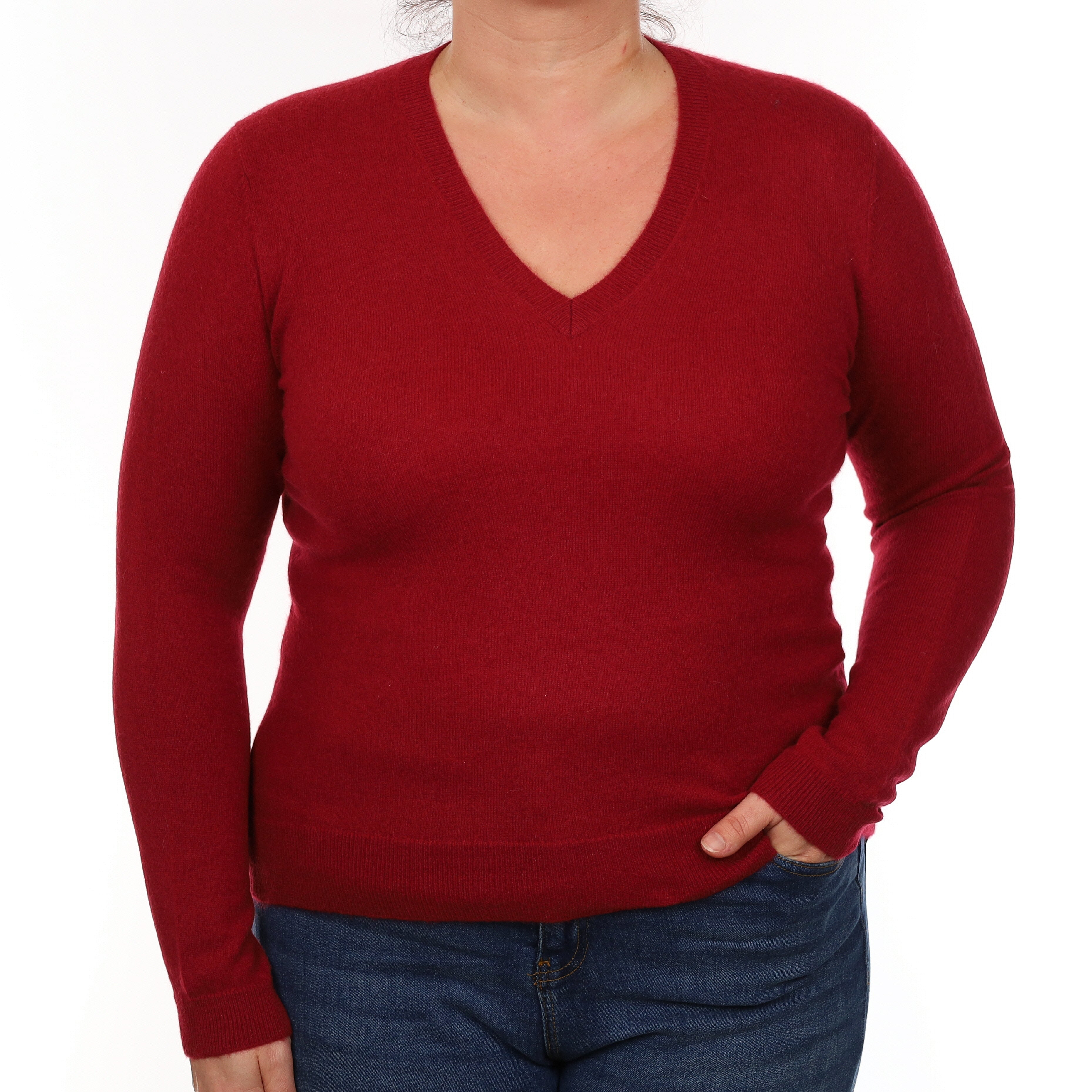 Crimson Red Cashmere V Neck Jumper Large