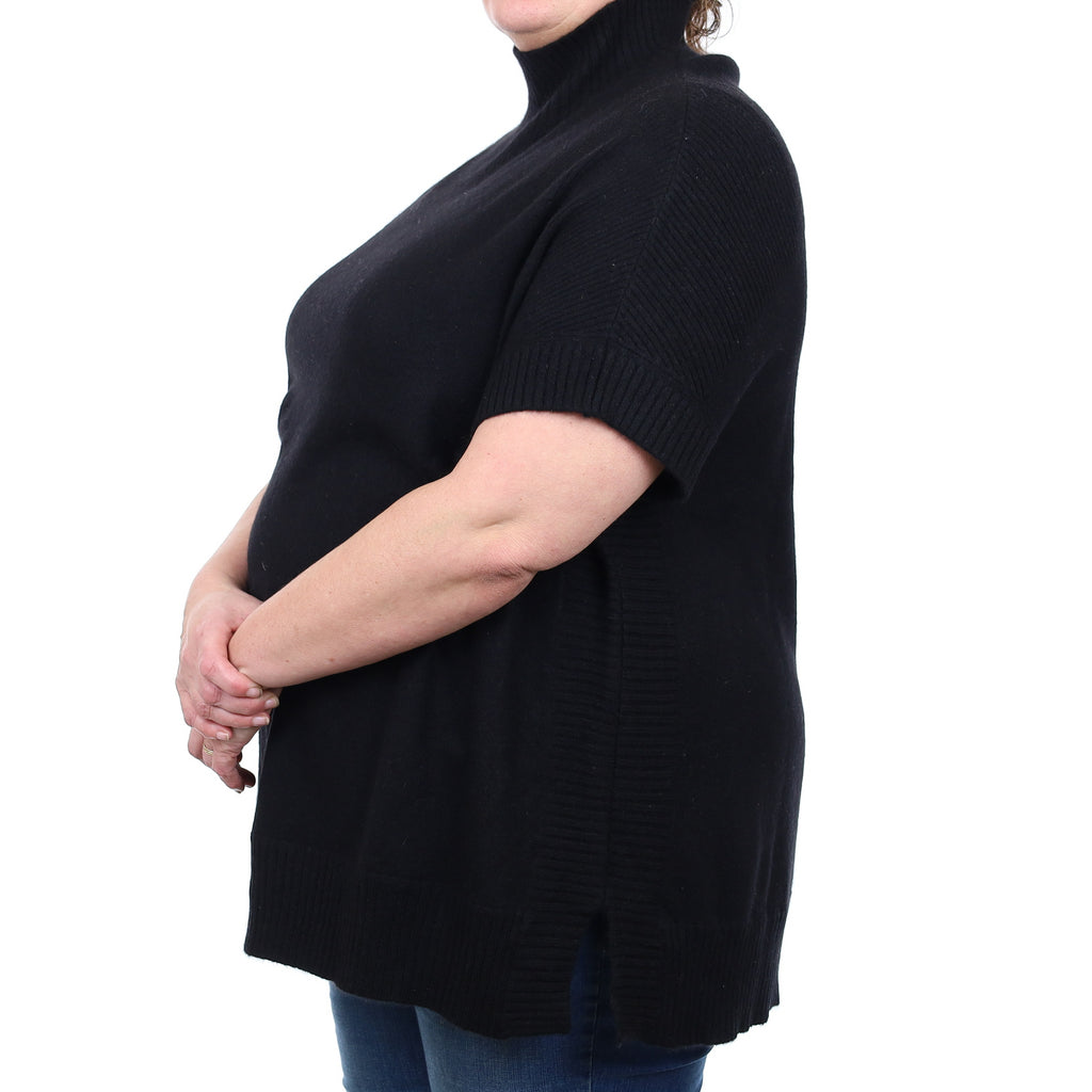 Black Cashmere Capped Sleeve Turtle Neck Tunic Jumper XL