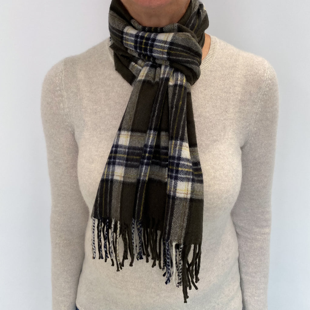Khaki Navy and Yellow Checked Cashmere Woven Fringed Scarf
