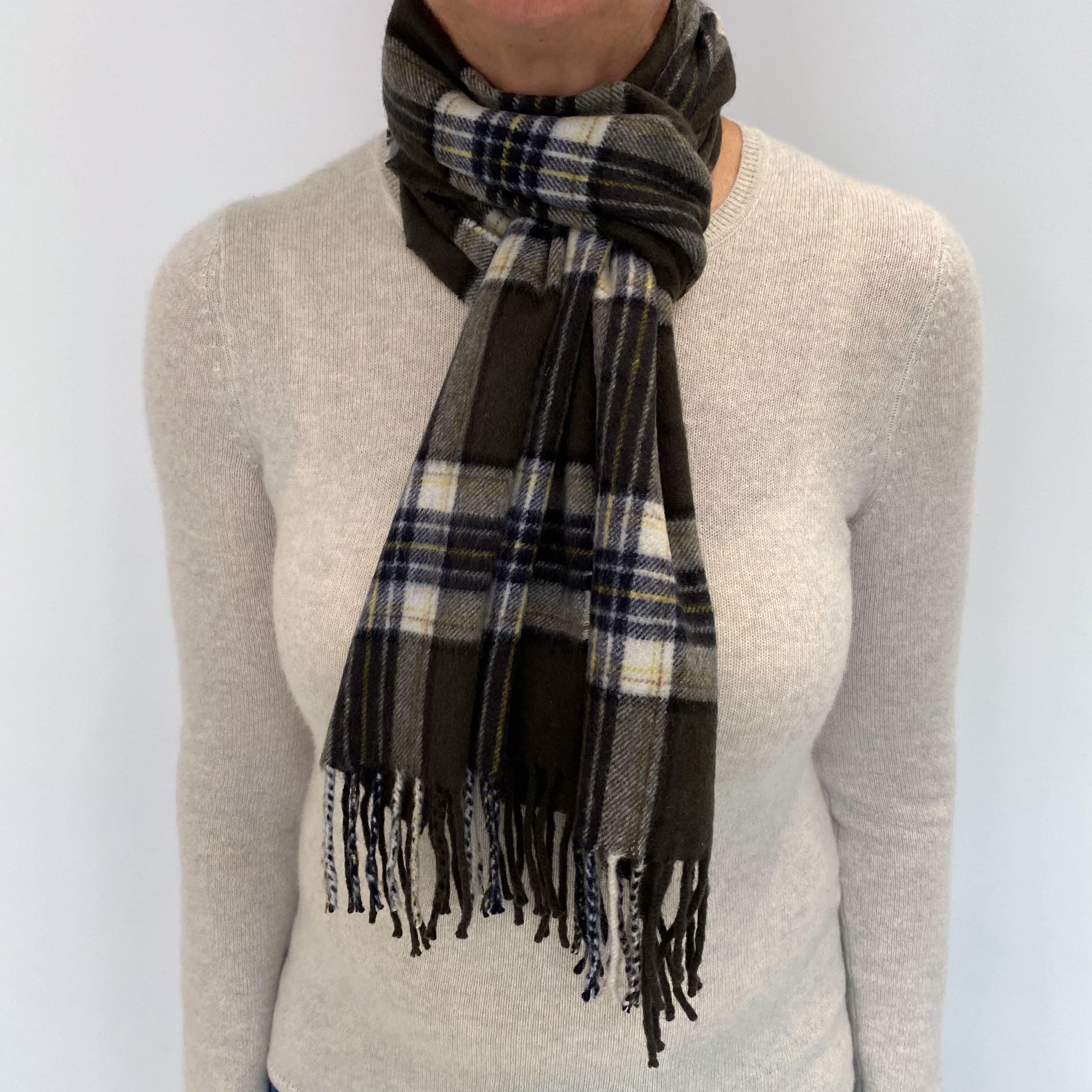 Khaki Navy and Yellow Checked Cashmere Woven Fringed Scarf