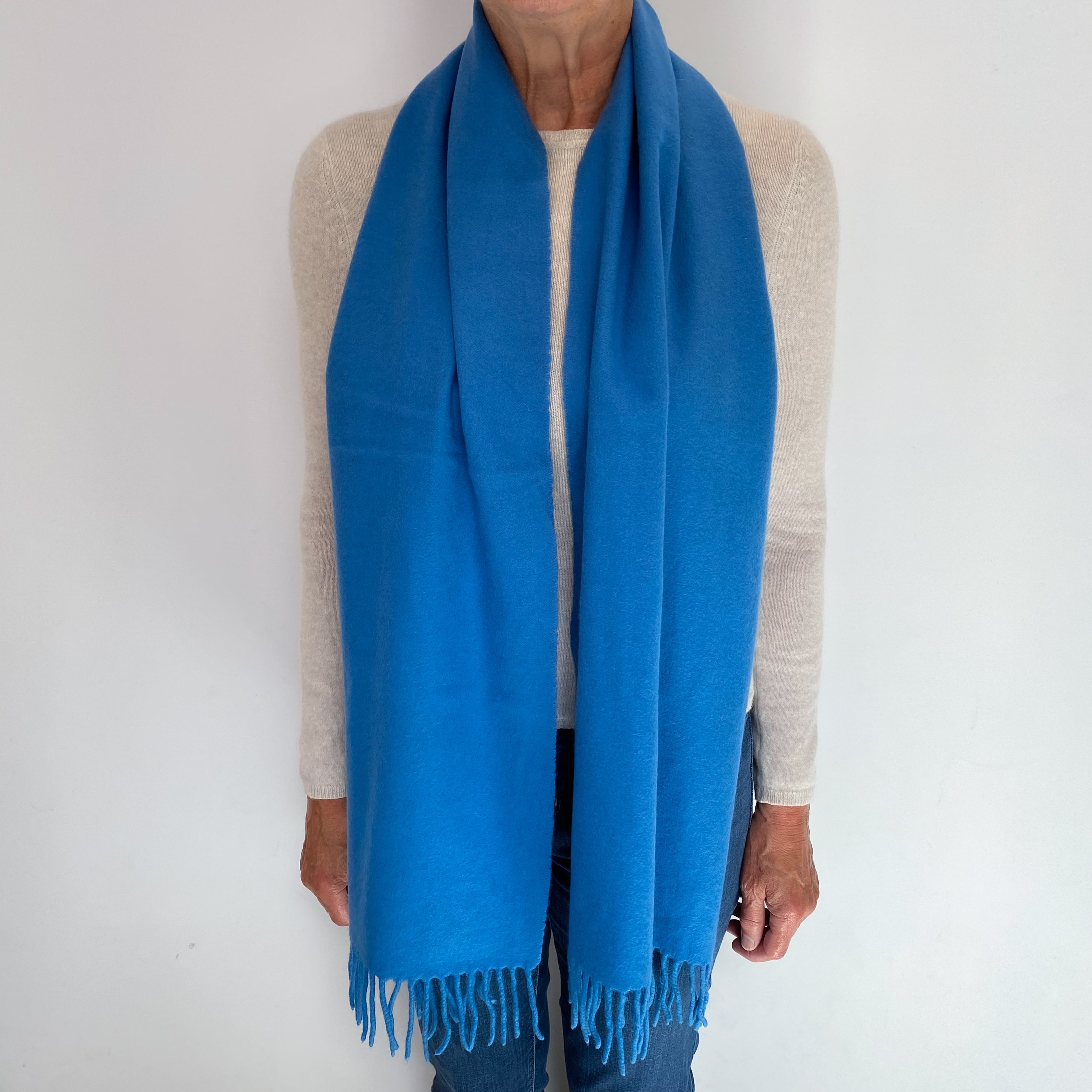 Tanzanite Blue Cashmere Woven Fringed Scarf
