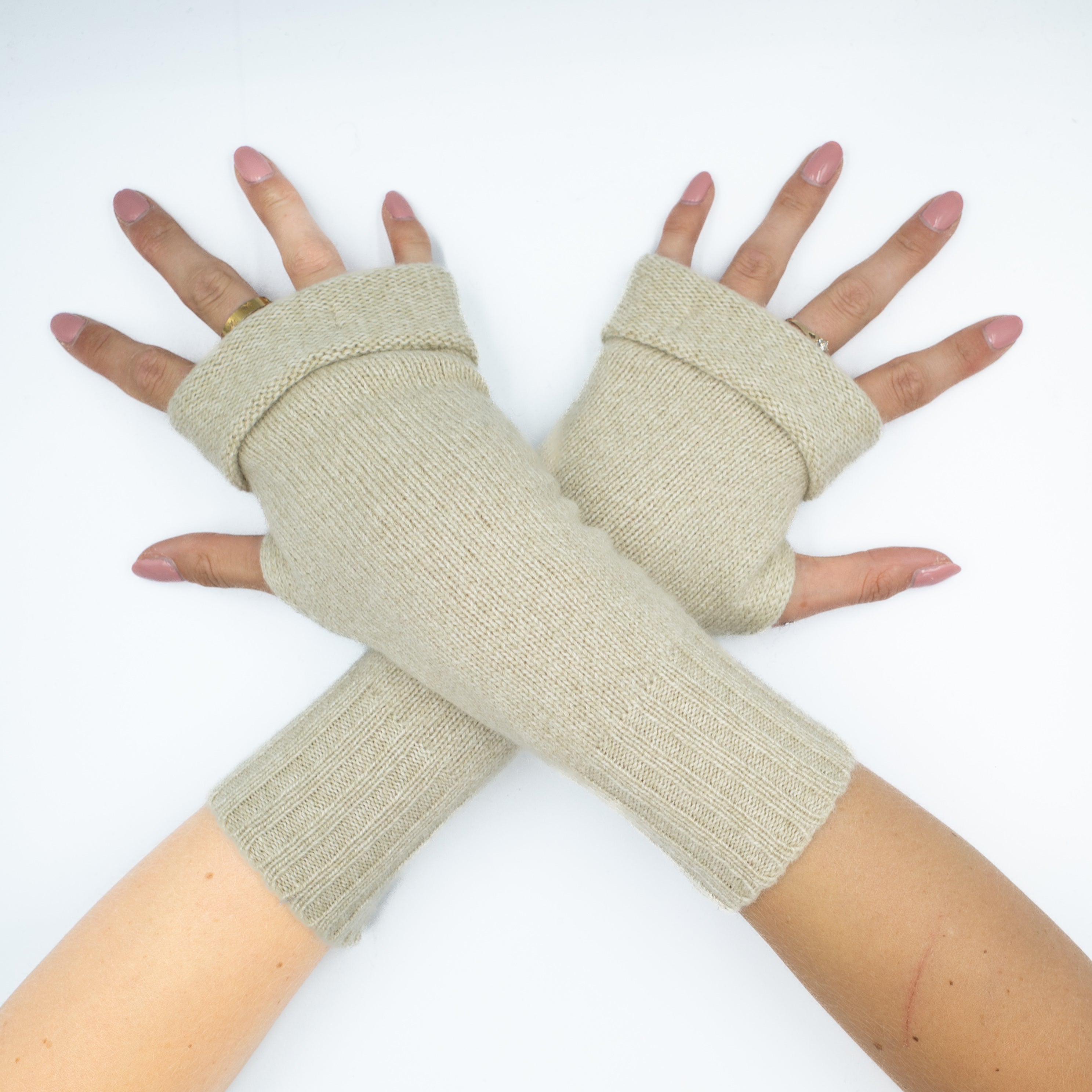 Pale Sage Beige Chunky Fingerless Gloves