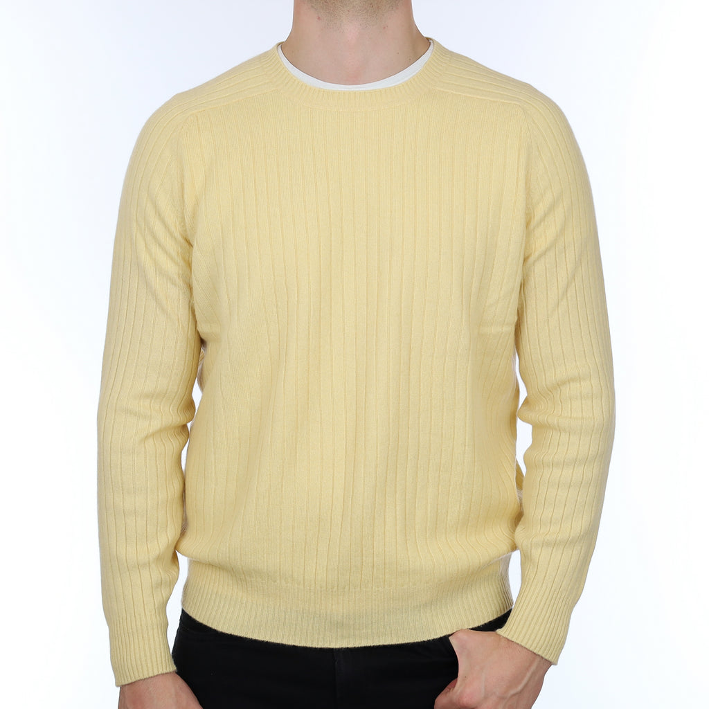 Men’s Custard Yellow Rib Cashmere Crew Neck Jumper XL