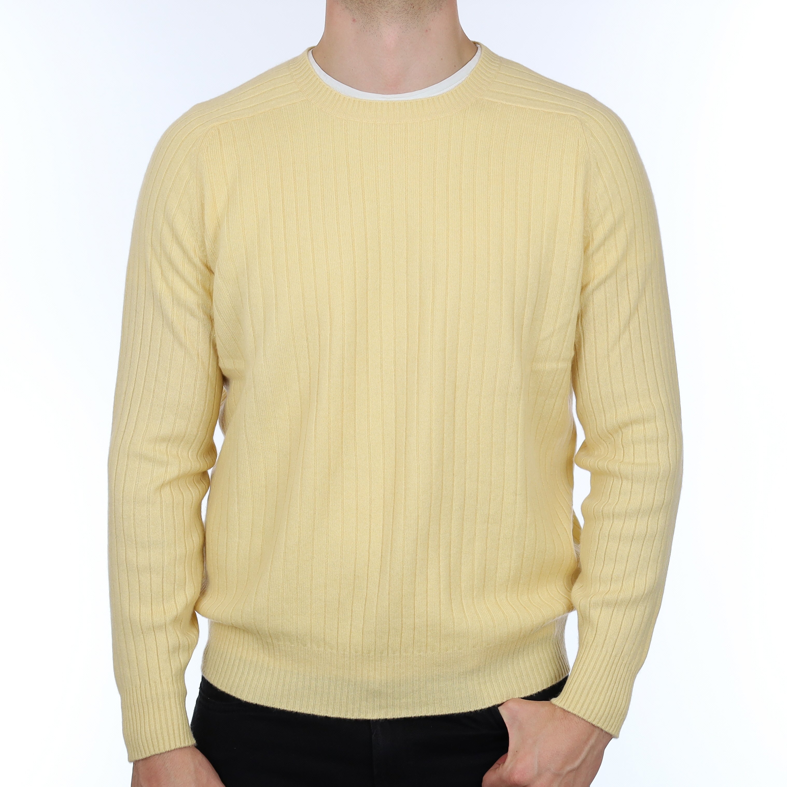 Men’s Custard Yellow Rib Cashmere Crew Neck Jumper XL