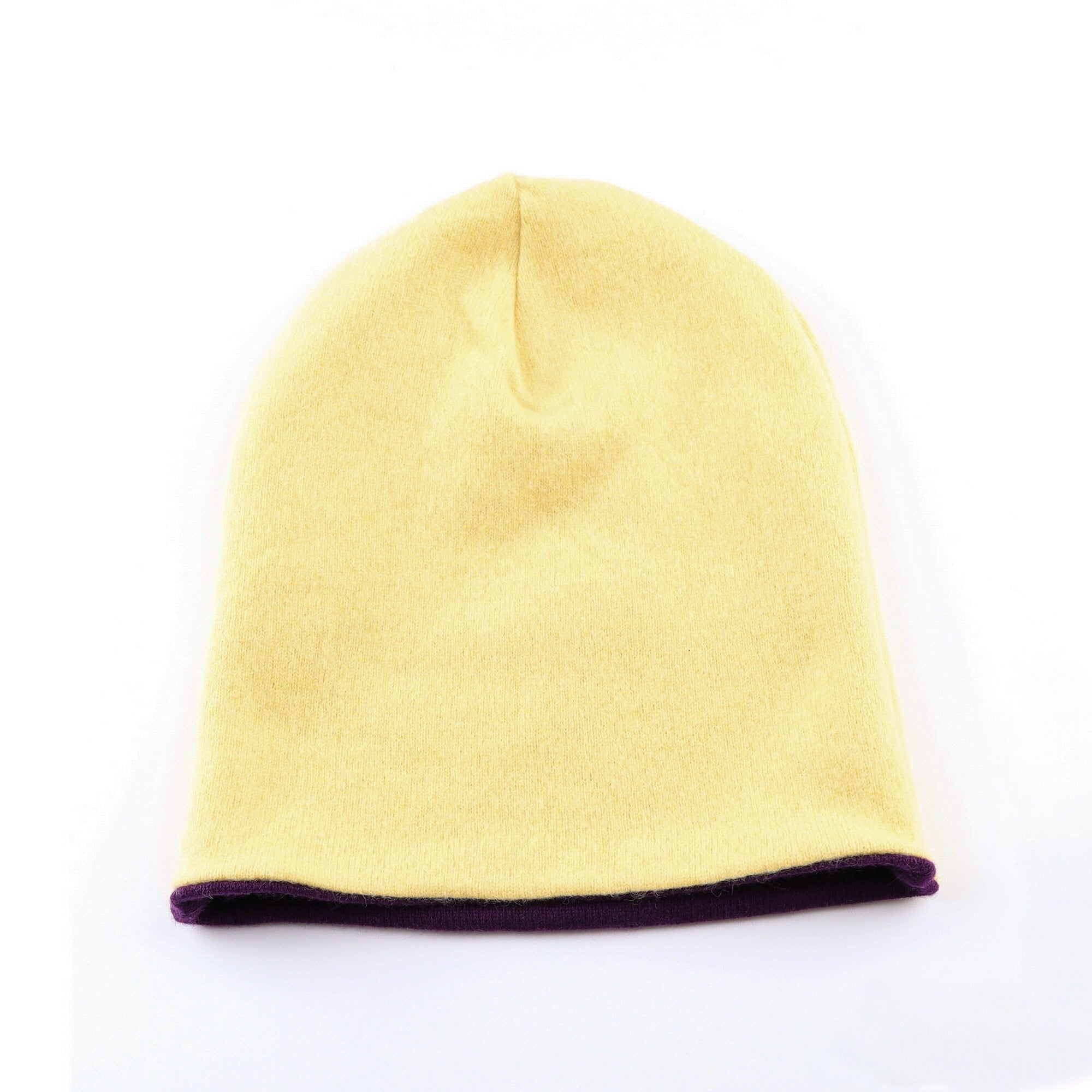 Aubergine Purple and Yellow Reversible Cashmere Beanie Hat