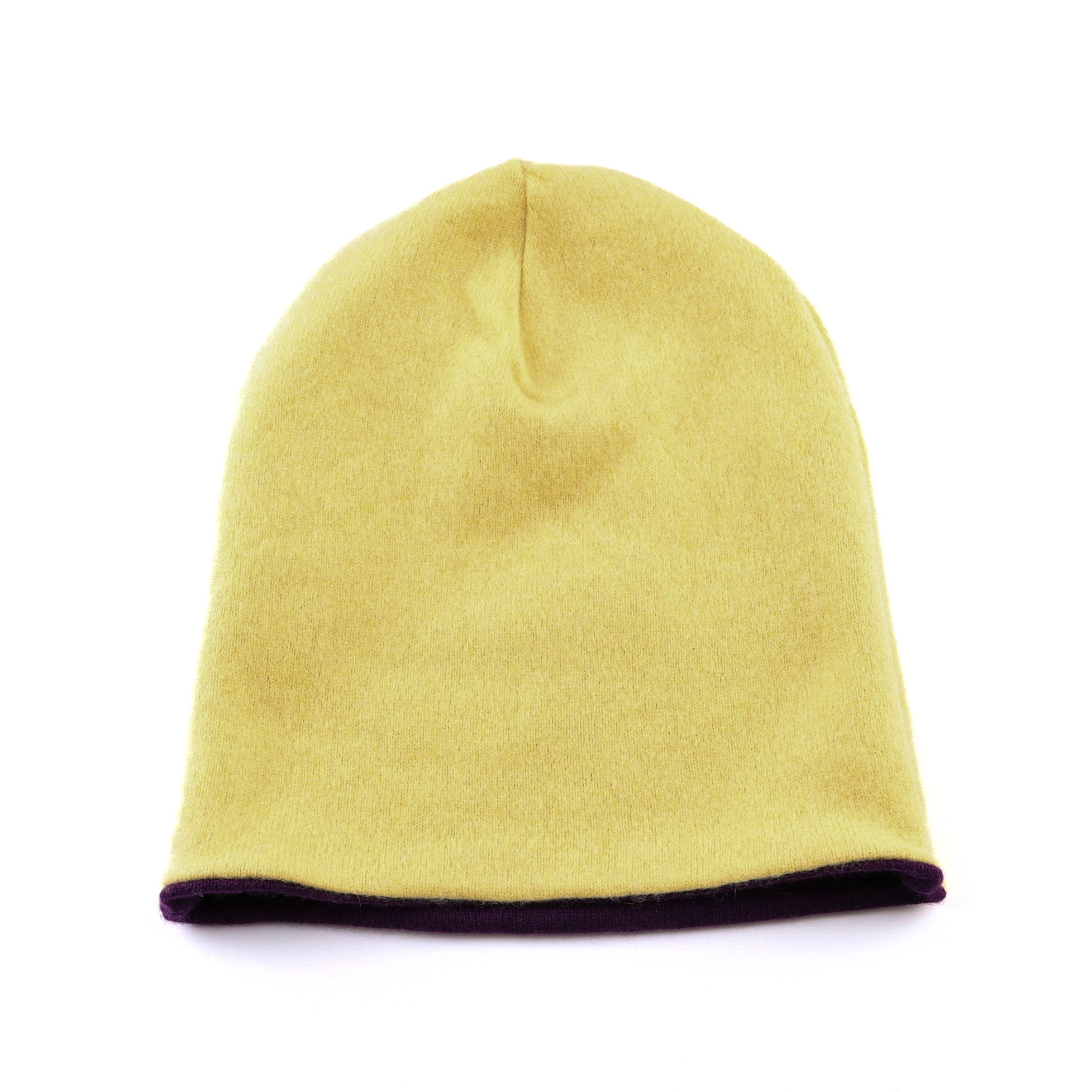 Aubergine Purple and Yellow Reversible Cashmere Beanie Hat