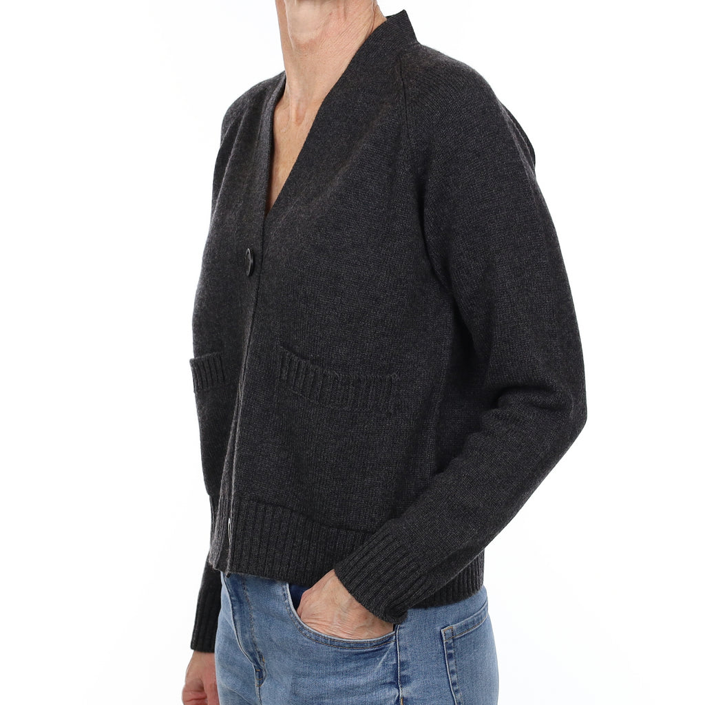 Brand New Scottish Charcoal Grey Chunky Knit Cashmere V Neck Cardigan Small