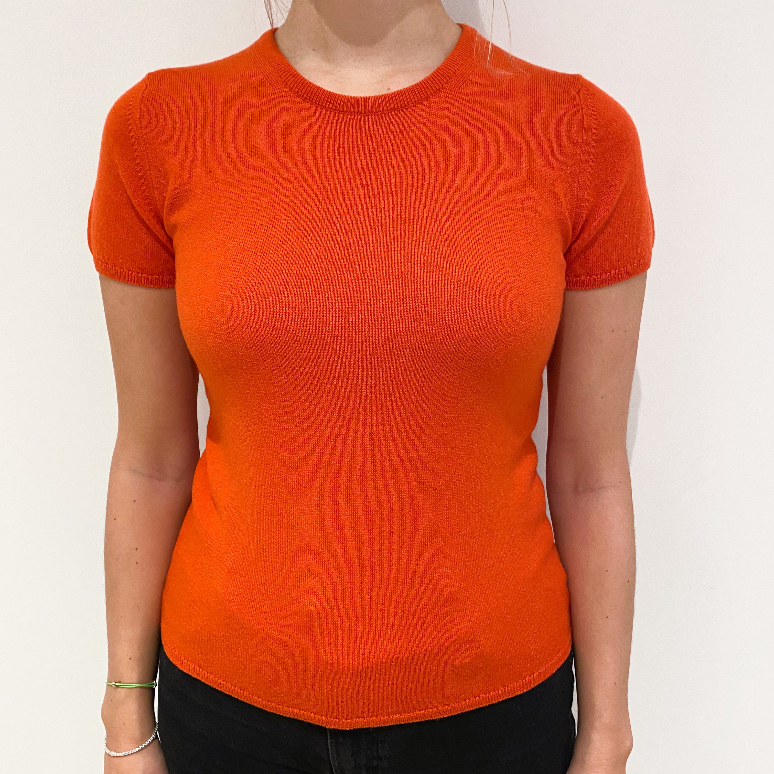 Brand New Scottish Tangerine Orange Short Sleeved Cashmere Crew Neck Jumper Small