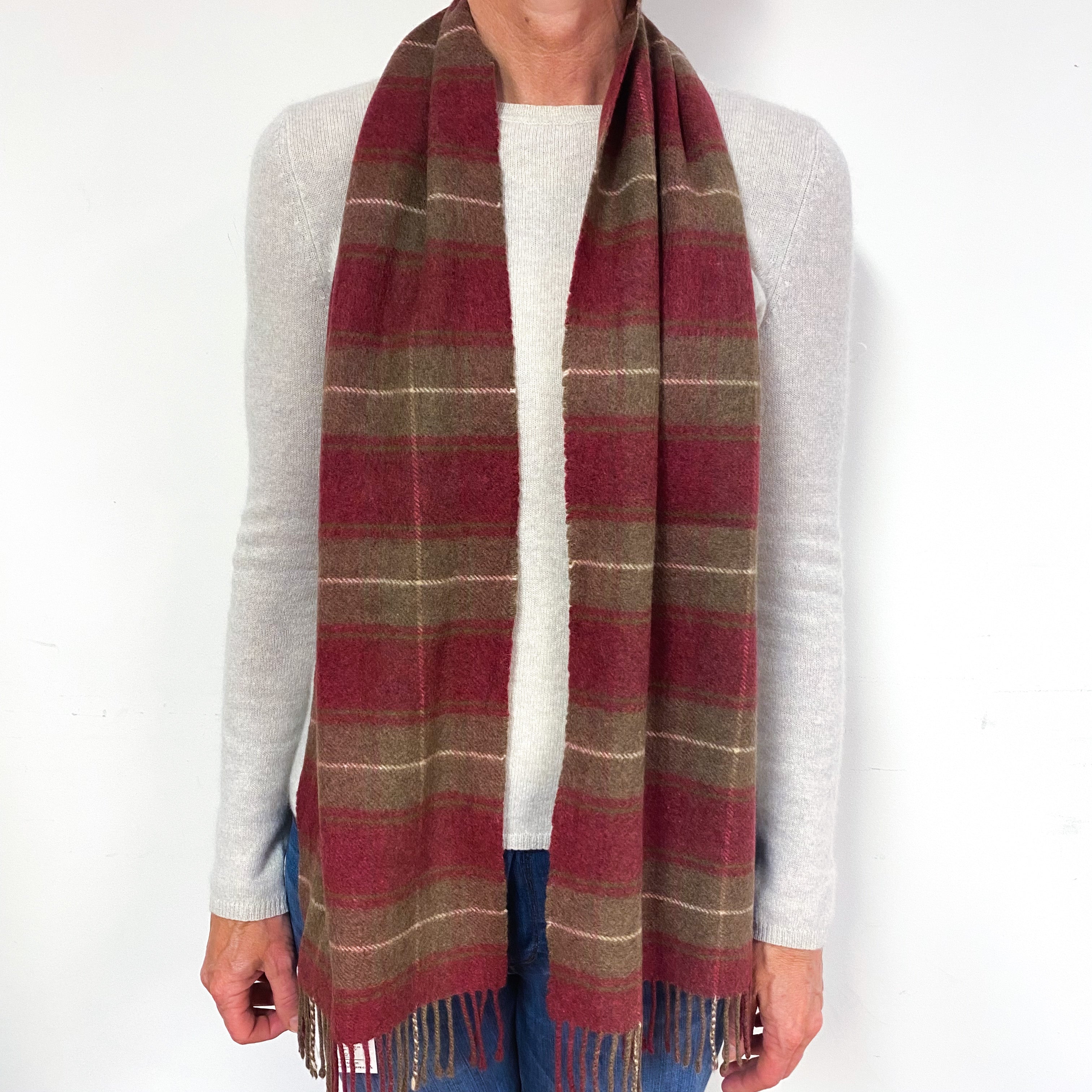 Burgundy Red and Donkey Brown Tartan Fringed Cashmere Woven Scarf
