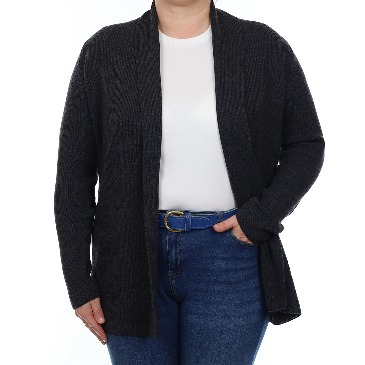 Brand New Scottish Graphite Grey Rib Cashmere Edge to Edge Cardigan Large