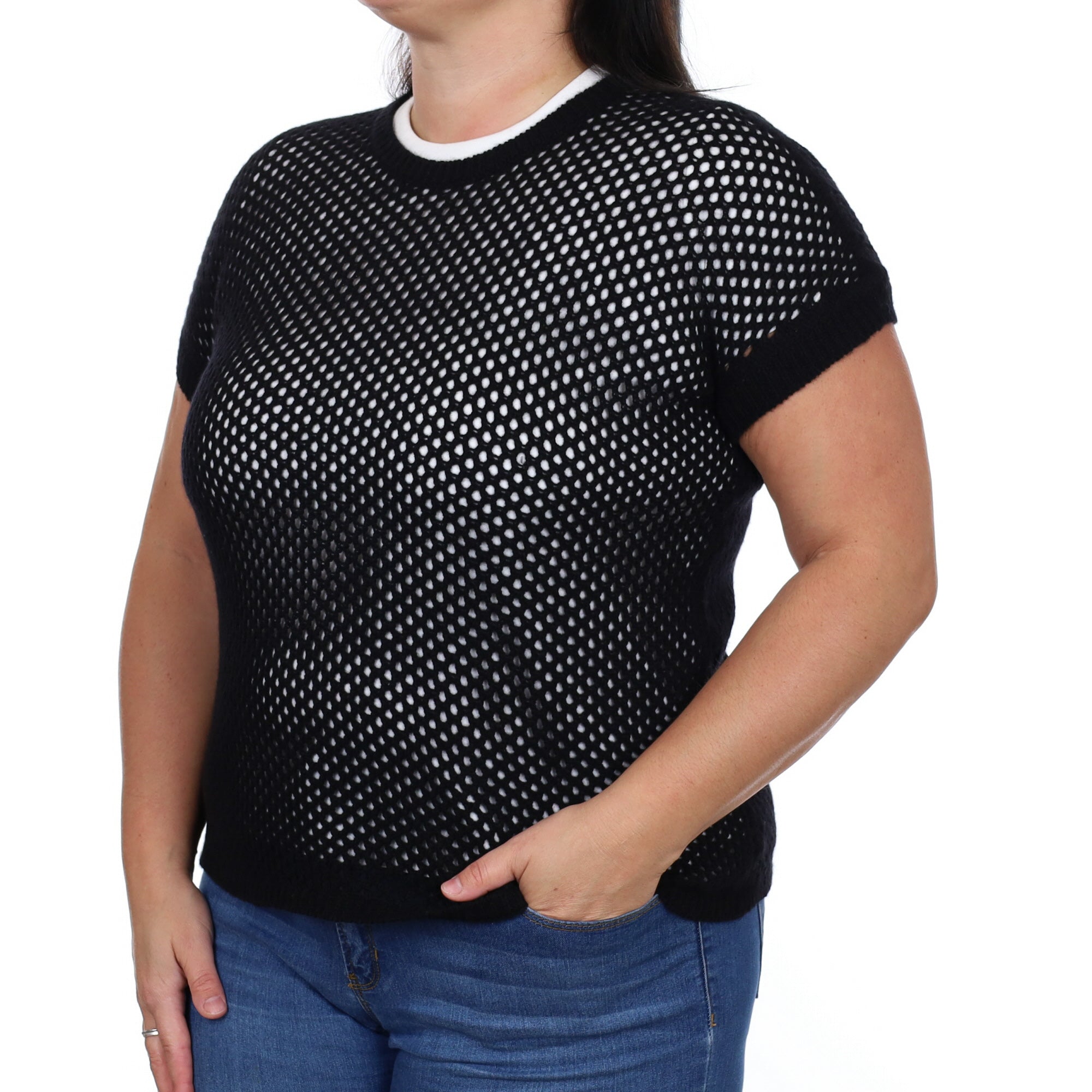Brand New Scottish Black Lace Knit Short Sleeve Jumper Large