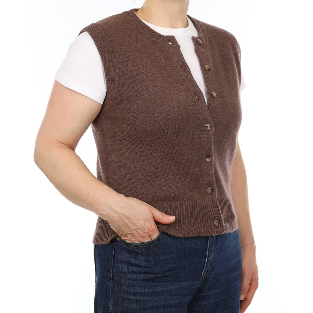 Brand New Mocha Luxury Cashmere Crew Neck Waistcoat Medium UK 12-14