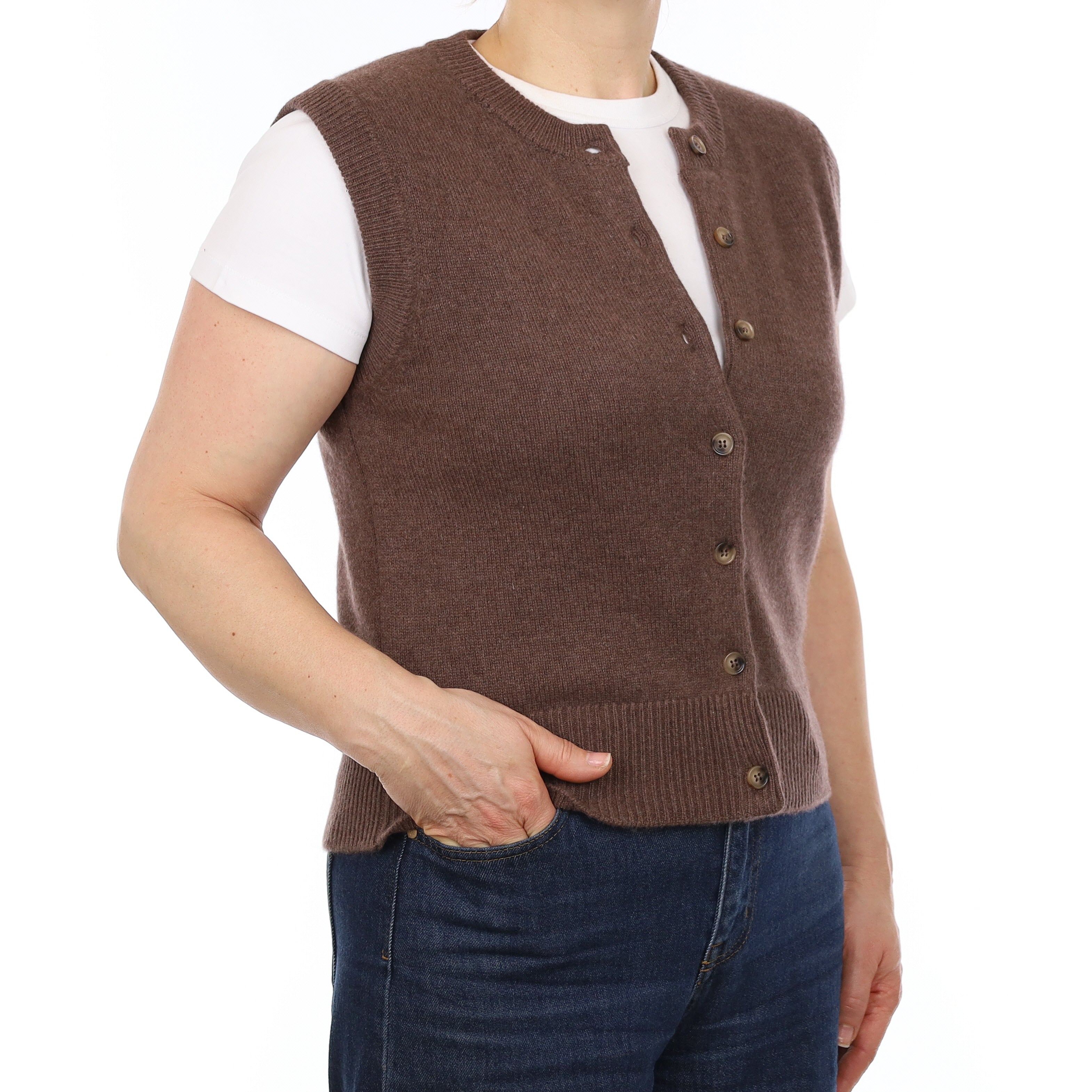 Brand New Mocha Luxury Cashmere Crew Neck Waistcoat Medium UK 12-14