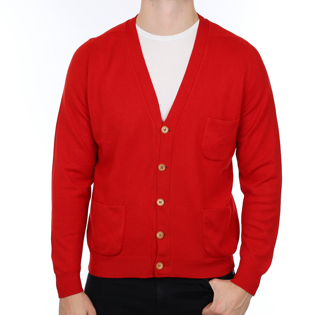 Men’s Scarlet Red Cashmere V Neck Cardigan Extra Large