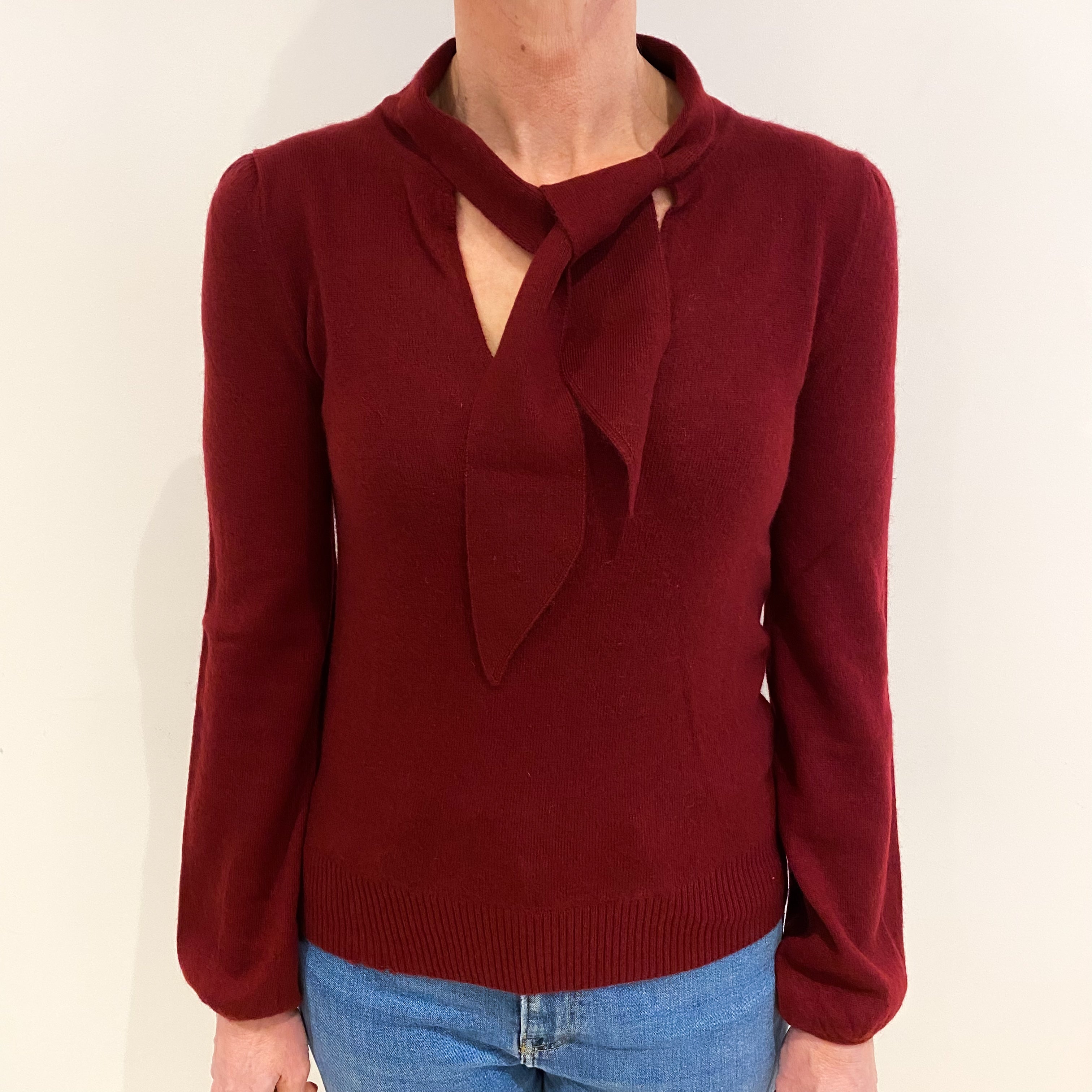 Burgundy Red Cashmere Tied V Neck Jumper Small