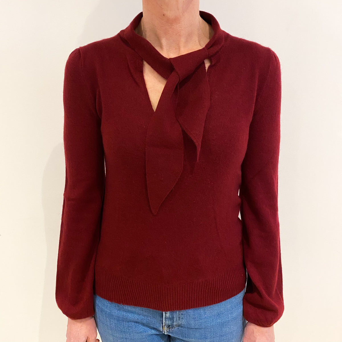 Burgundy Red Cashmere Tied V Neck Jumper Small