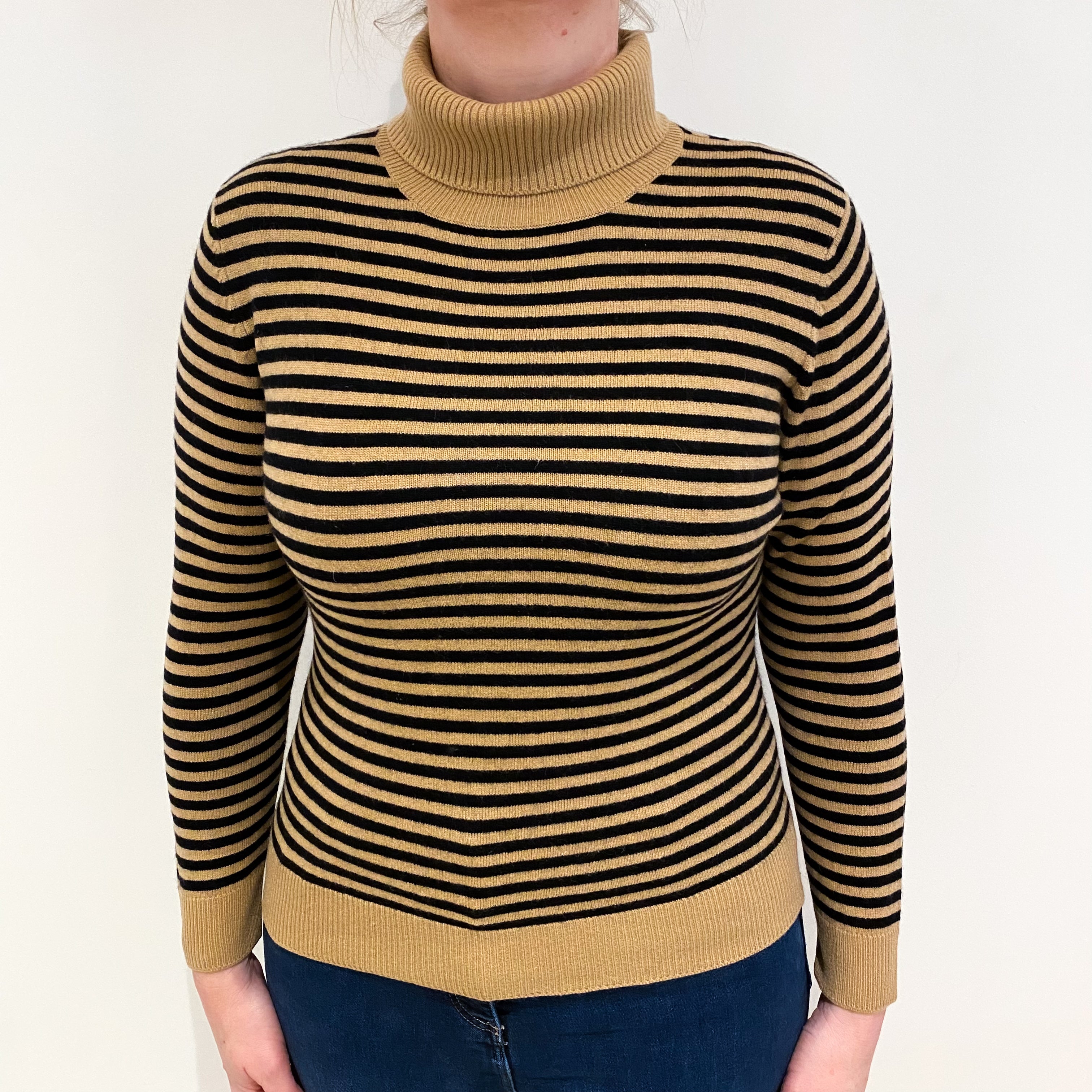 Caramel and Black Stripe Cashmere Polo Neck Jumper Large