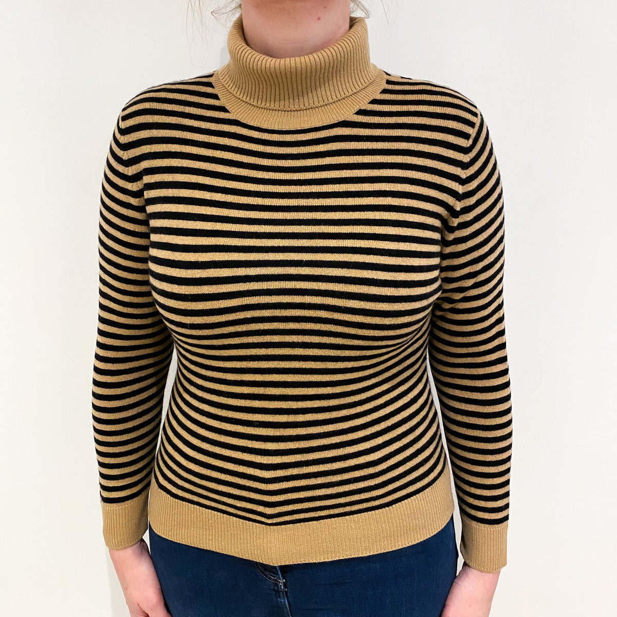 Caramel and Black Stripe Cashmere Polo Neck Jumper Large