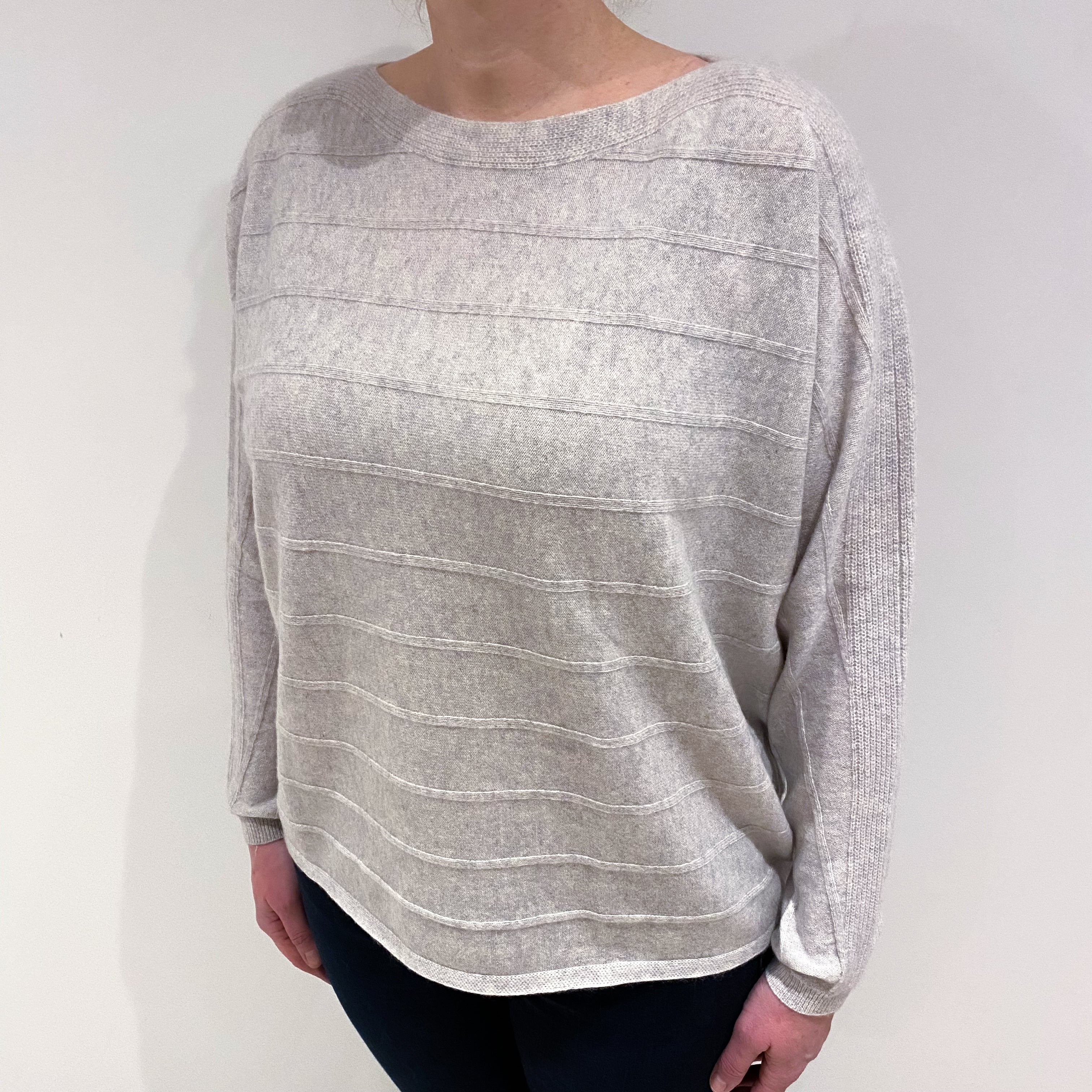 Mist Grey Rib Cashmere Slouchy Slash Neck Jumper Large