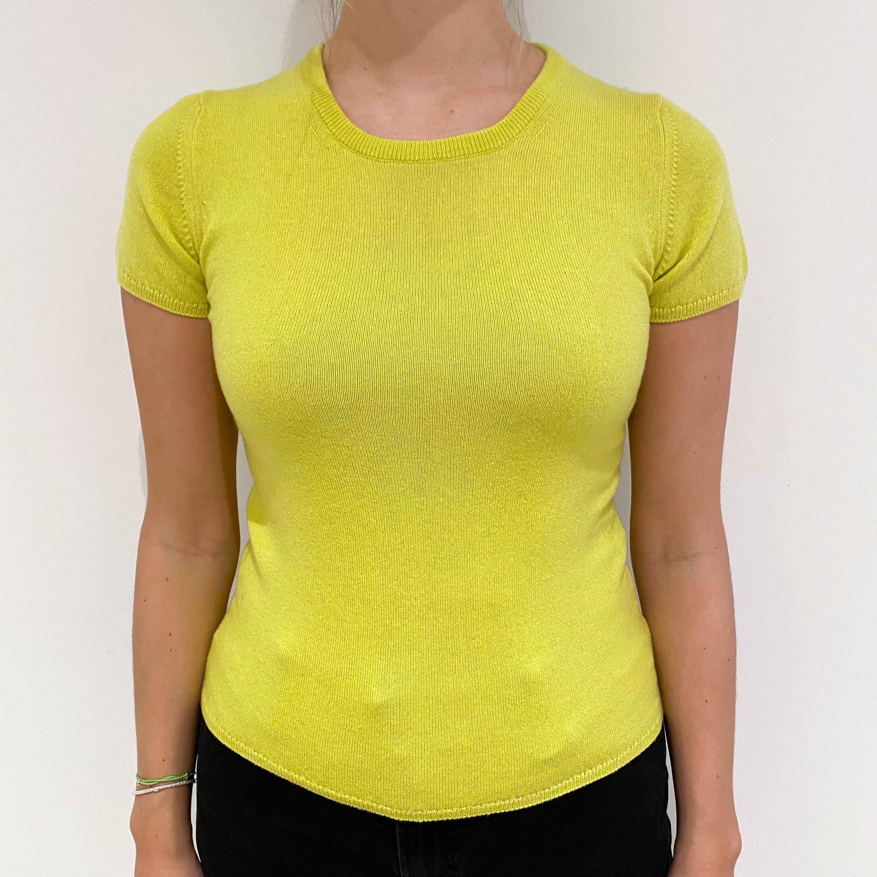 Brand New Scottish Neon Yellow Short Sleeved Cashmere Crew Neck Jumper Small