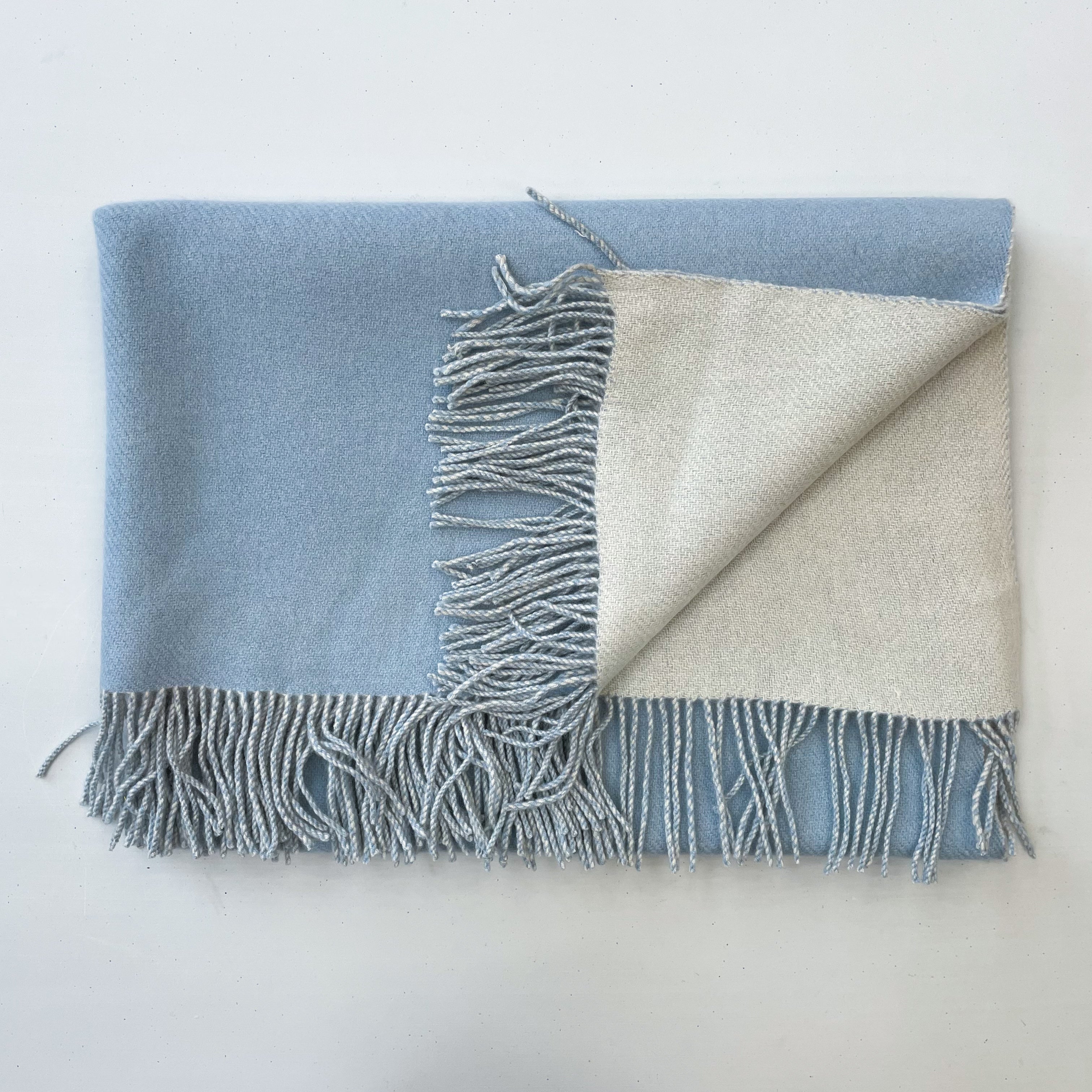 Sky and Ice Blue Cashmere Fringed Woven Blanket Small