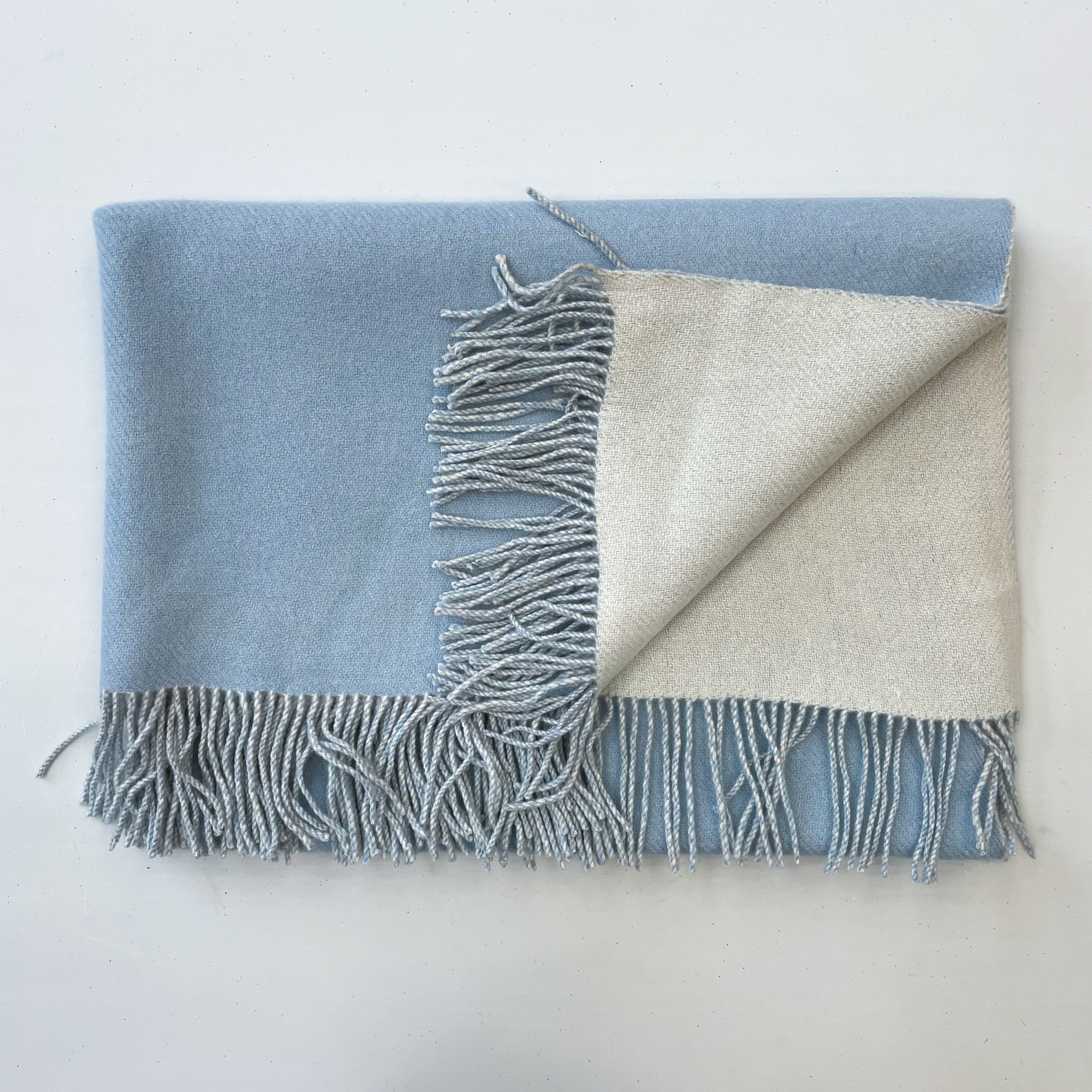 Sky and Ice Blue Cashmere Fringed Woven Blanket