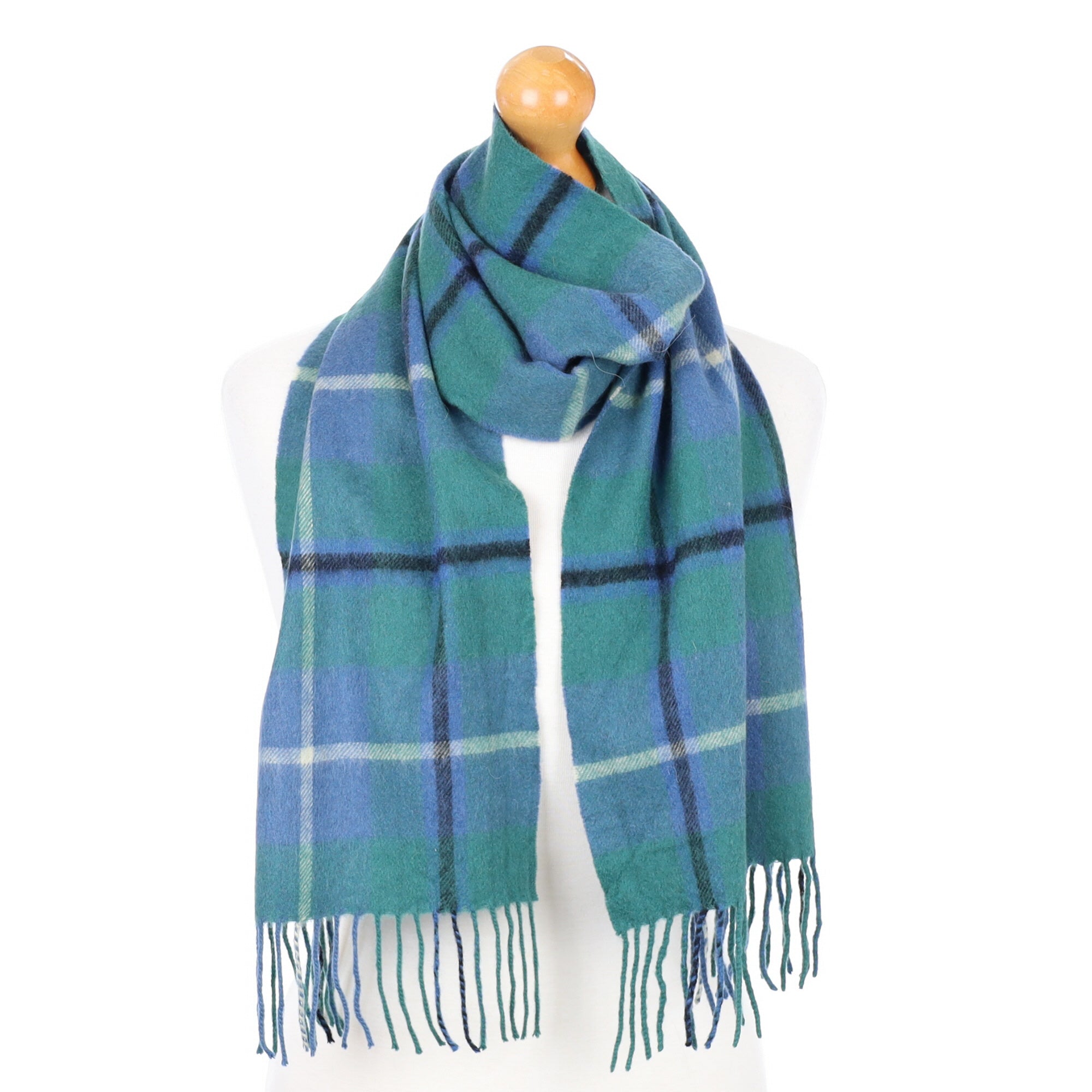 Sea Green and Blue Checked Fringed Cashmere Woven Scarf