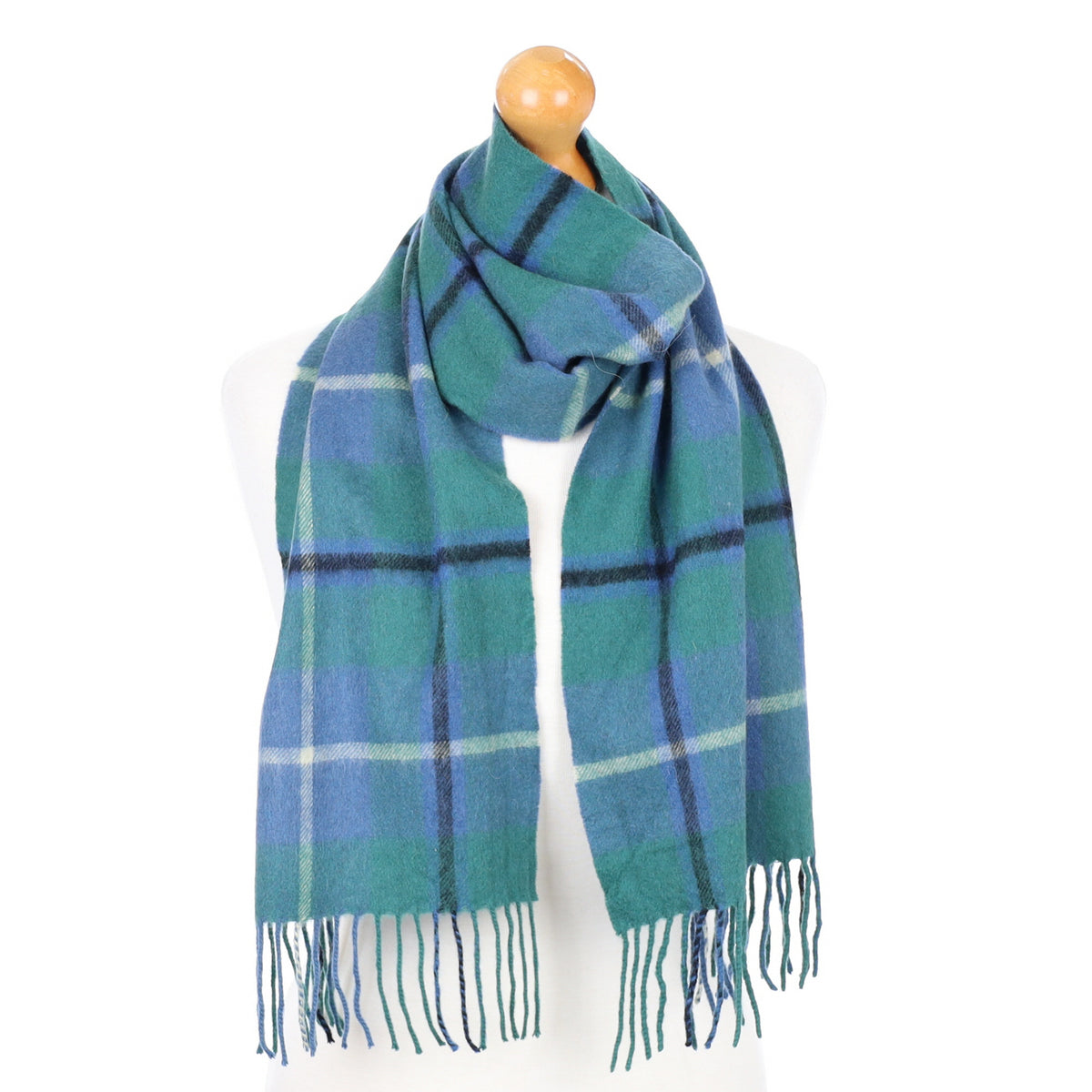 Sea Green and Blue Checked Fringed Cashmere Woven Scarf