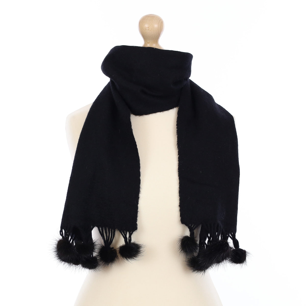 Black Pompom Edged Cashmere Woven Scarf