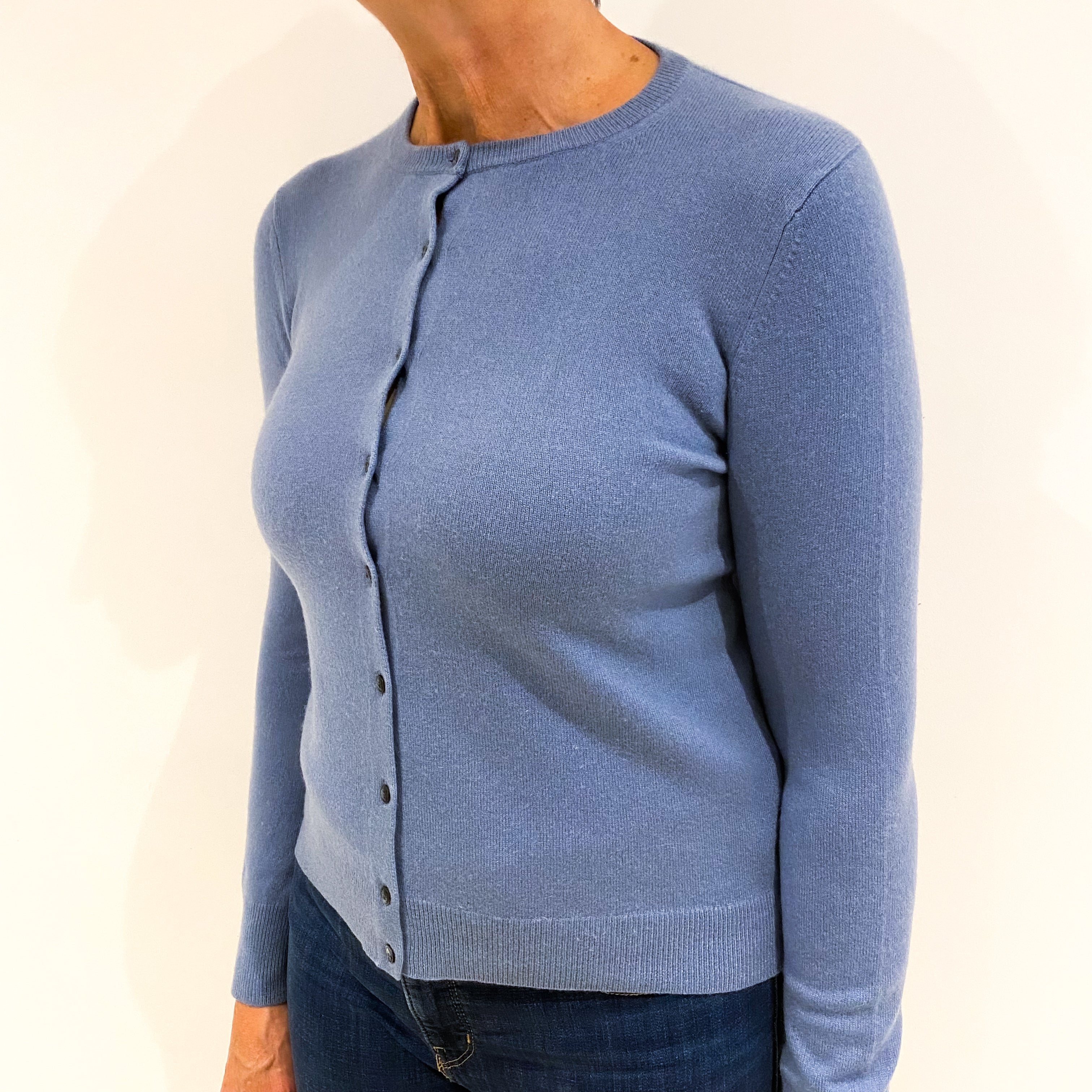 Pale Denim Blue Cashmere Crew Neck Cardigan Medium