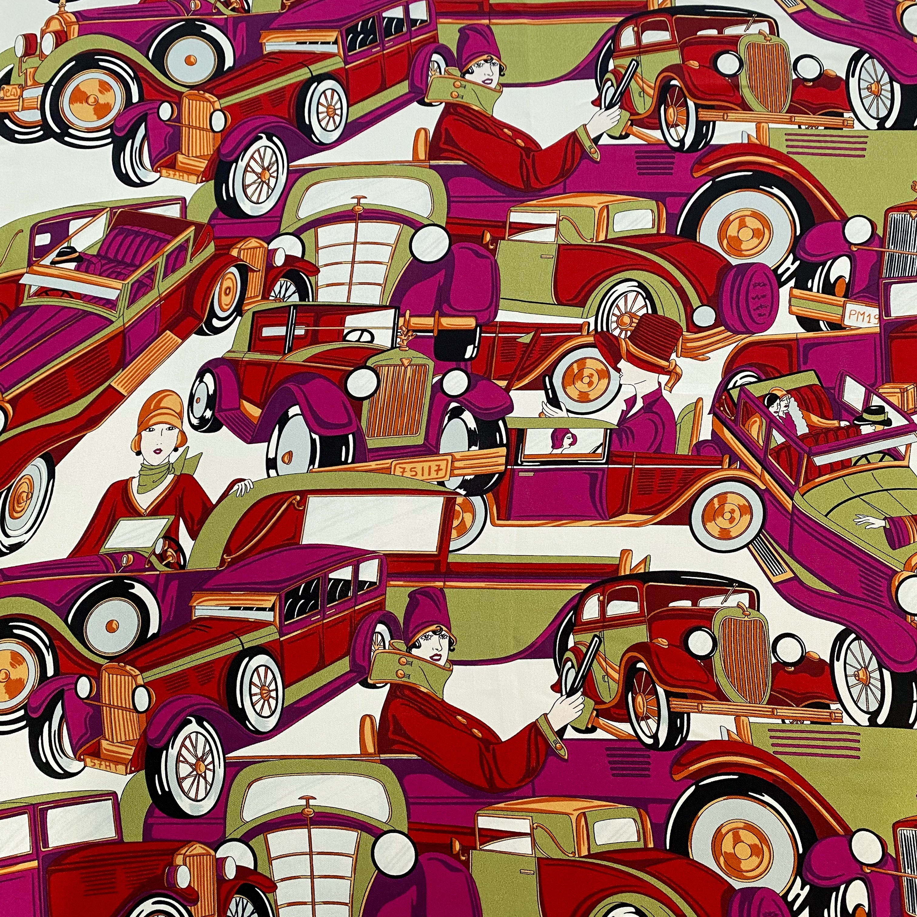 Vintage Car Design Pink and Green Italian Silk Scarf