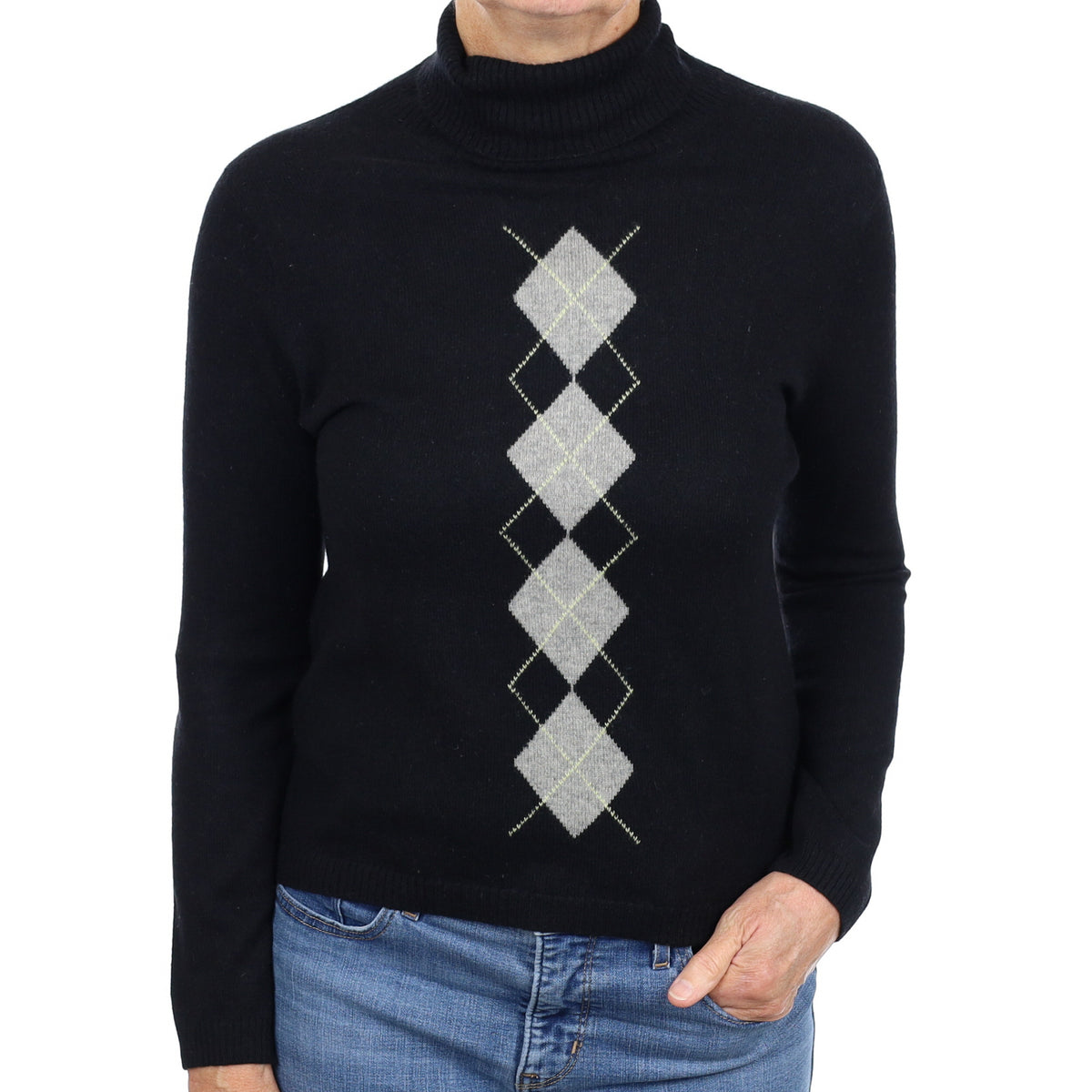 Black Argyle Cashmere Polo Neck Jumper Medium
