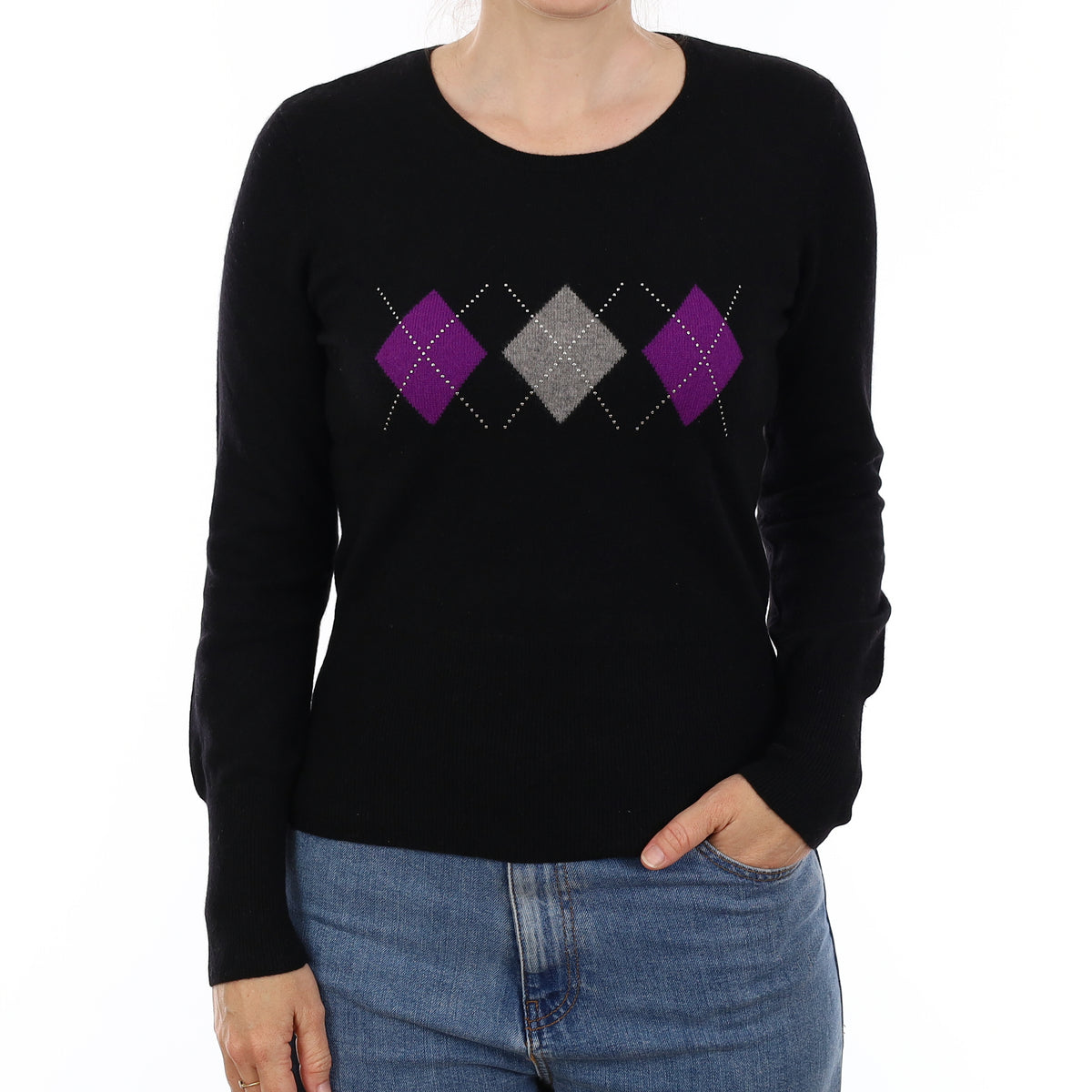 Black Diamond Patterned Cashmere Crew Neck Jumper Small