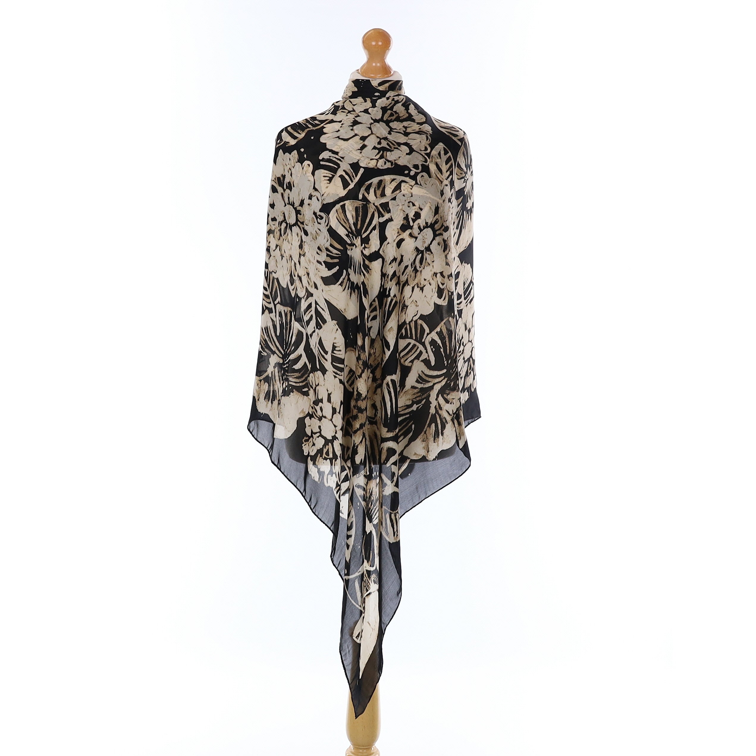 Jaeger Black And Beige Floral Silk Scarf