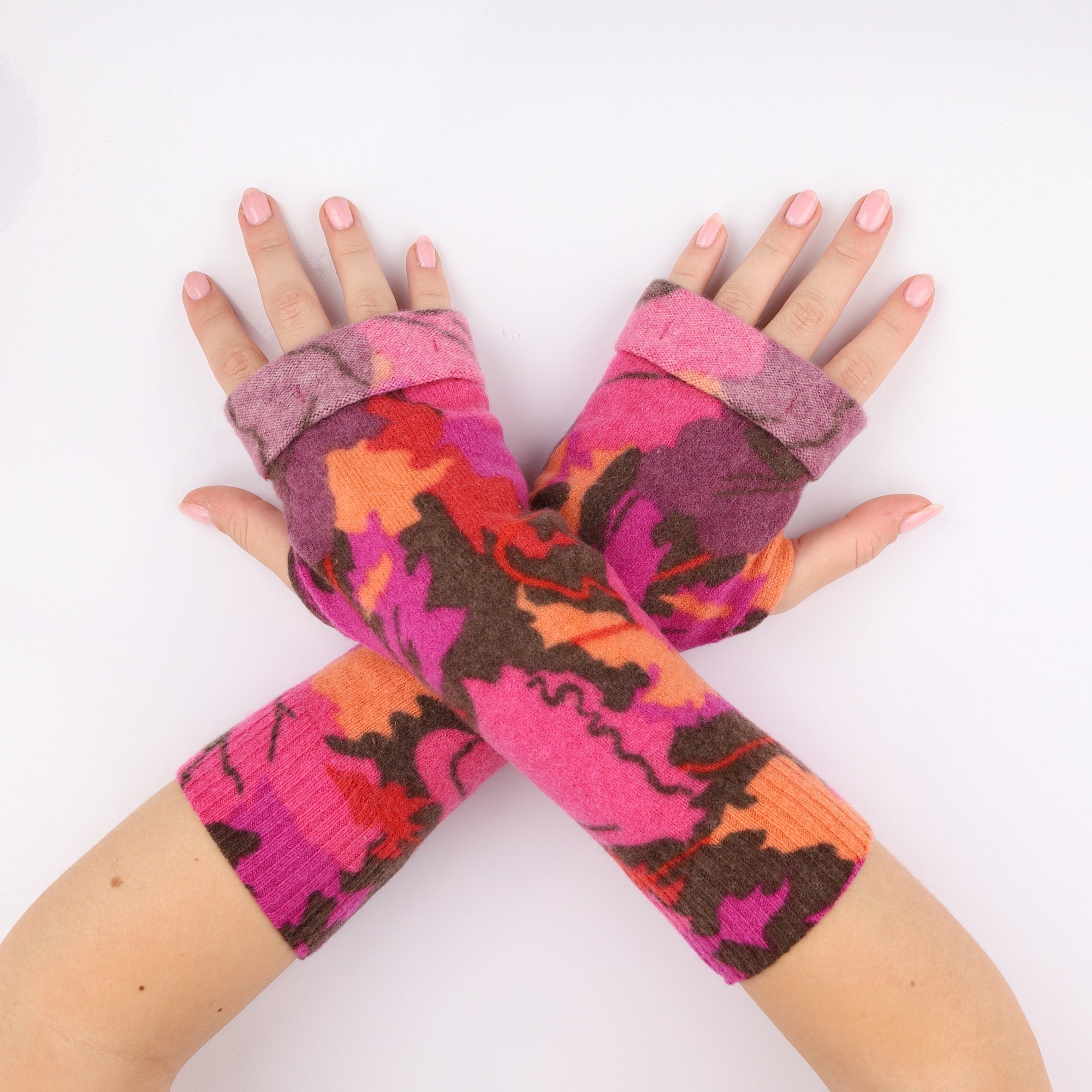Pink and Purple Floral Fingerless Gloves