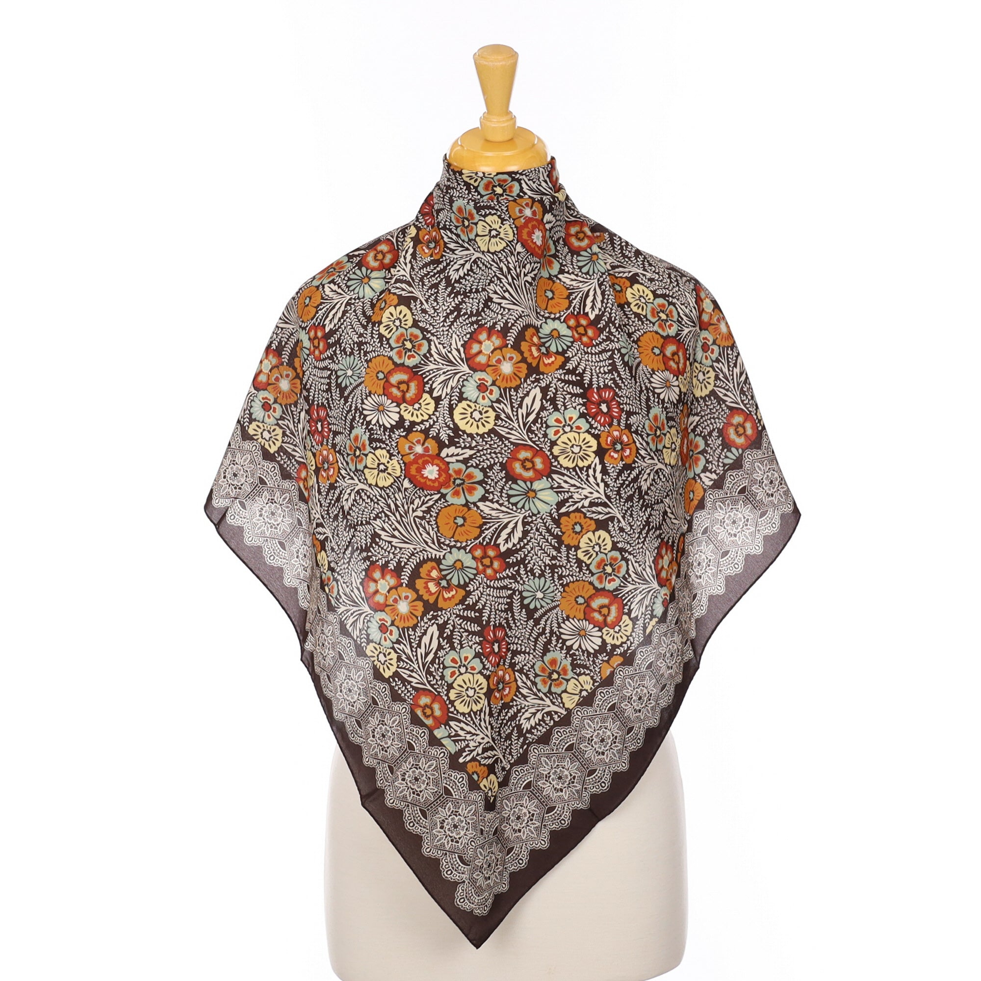 Italian Brown and Orange Floral Silk Scarf