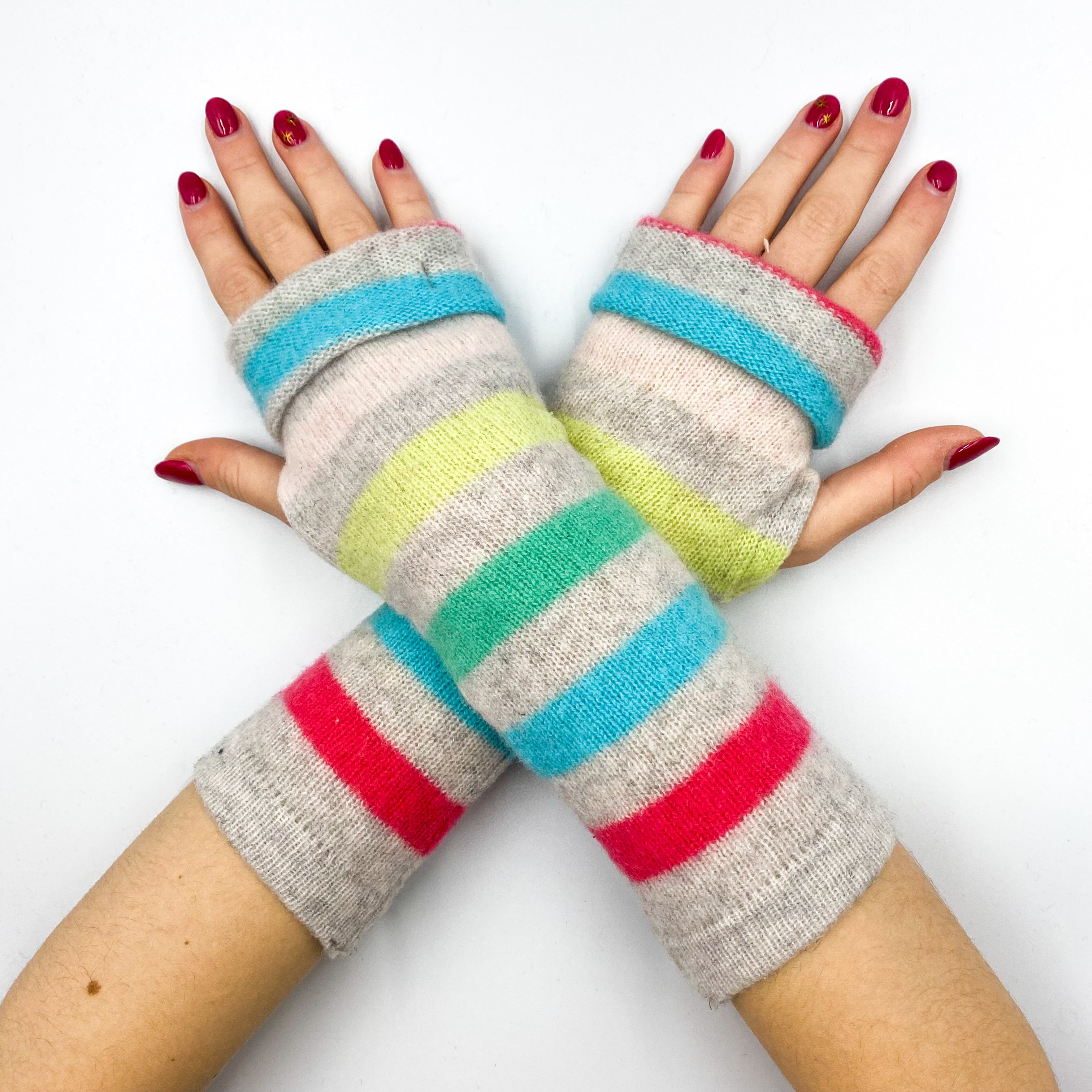 Grey Colourful Stripe Fingerless Gloves