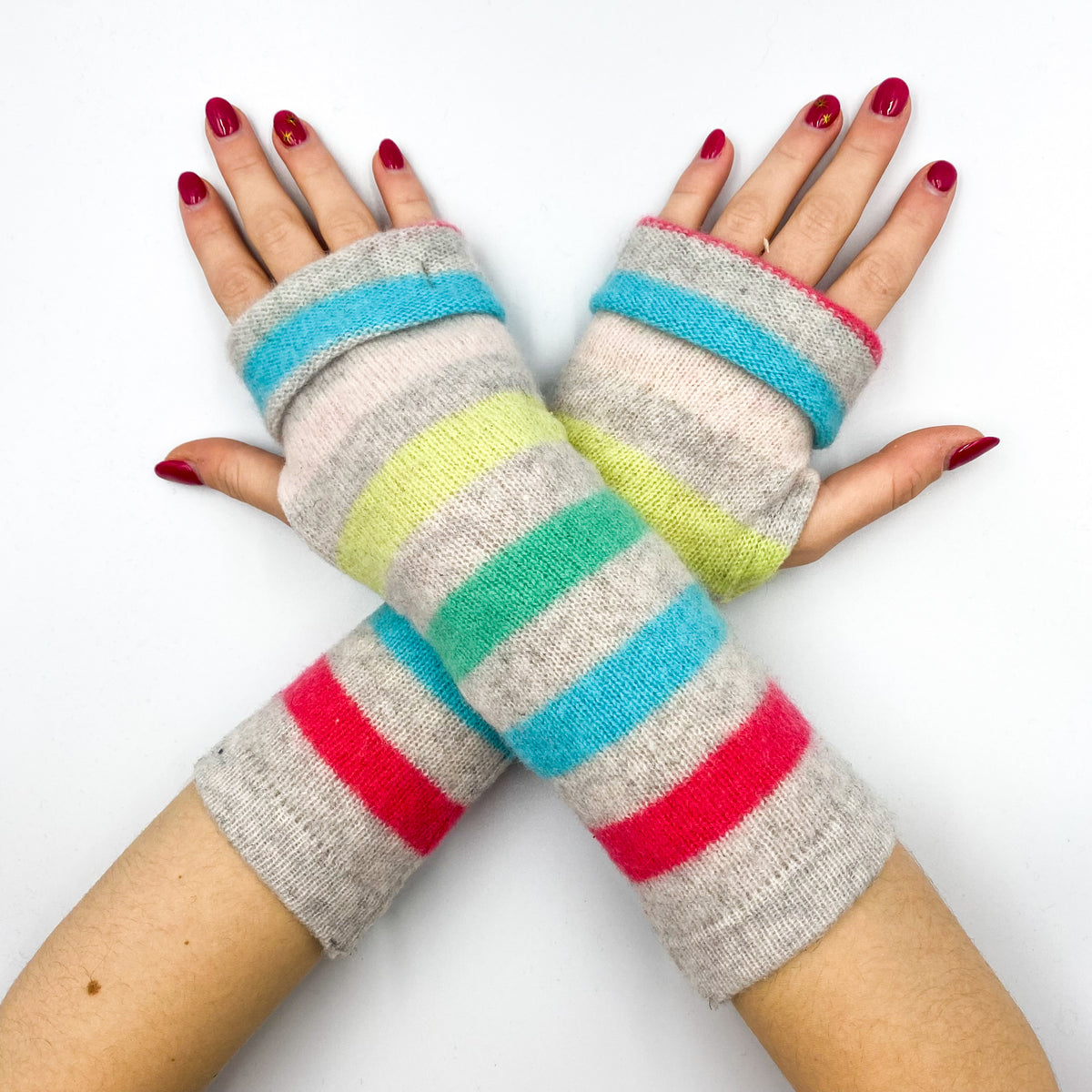 Grey Colourful Stripe Fingerless Gloves