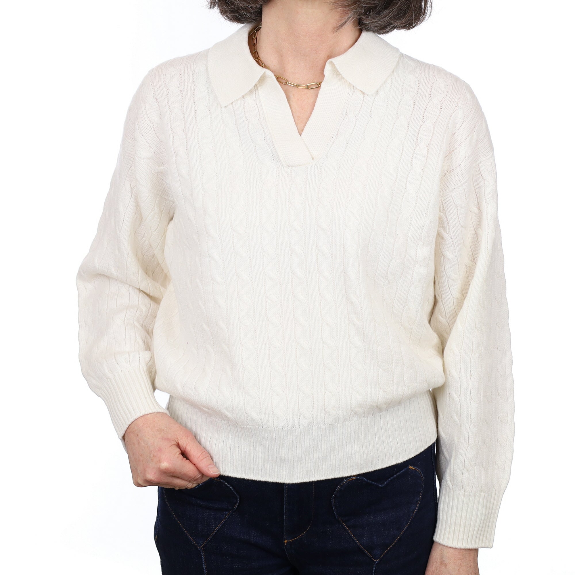 Brand New Scottish Winter White Cable Cashmere Collared Jumper Medium